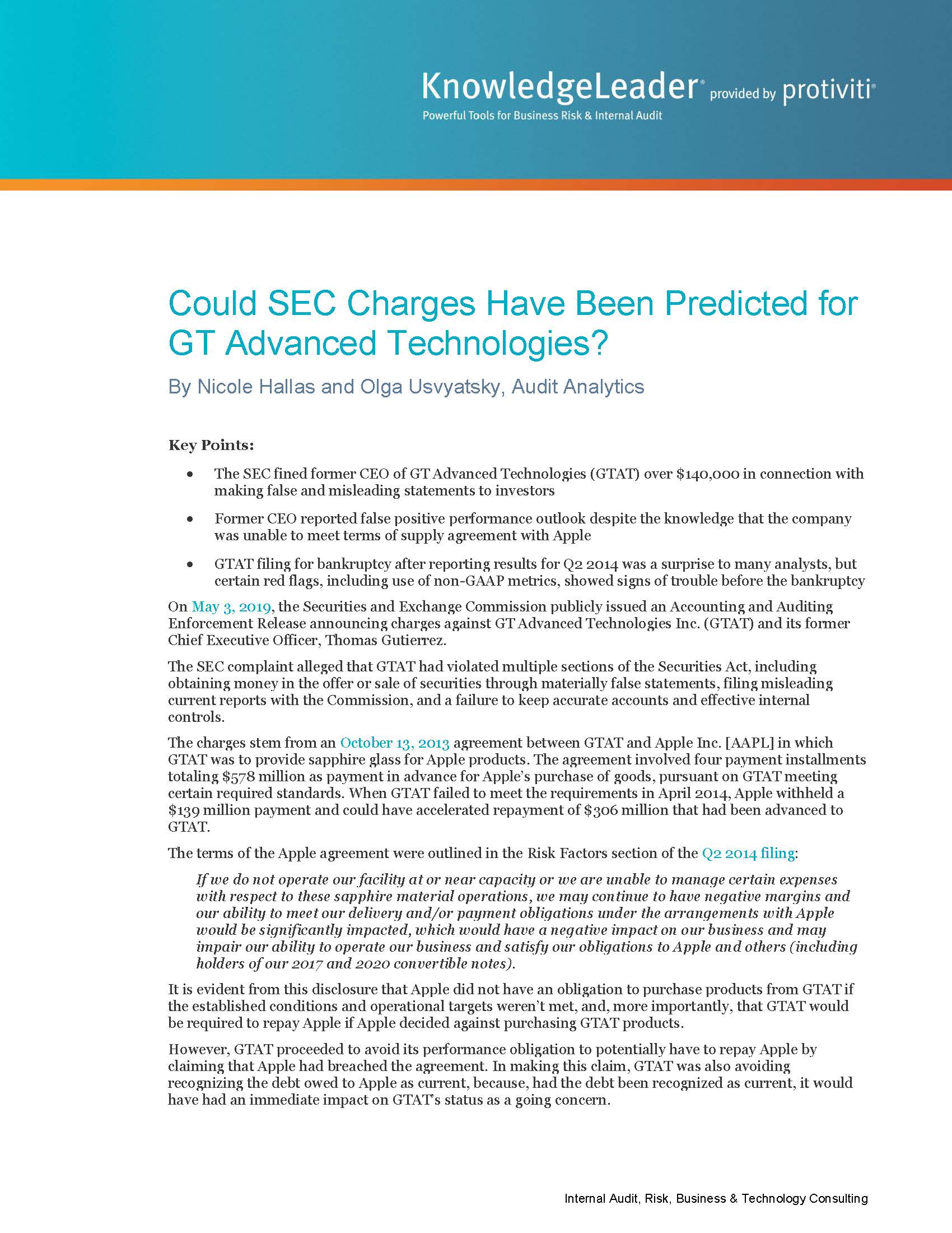 Screenshot of the first page of Could SEC Charges Have Been Predicted for GT Advanced Technologies?
