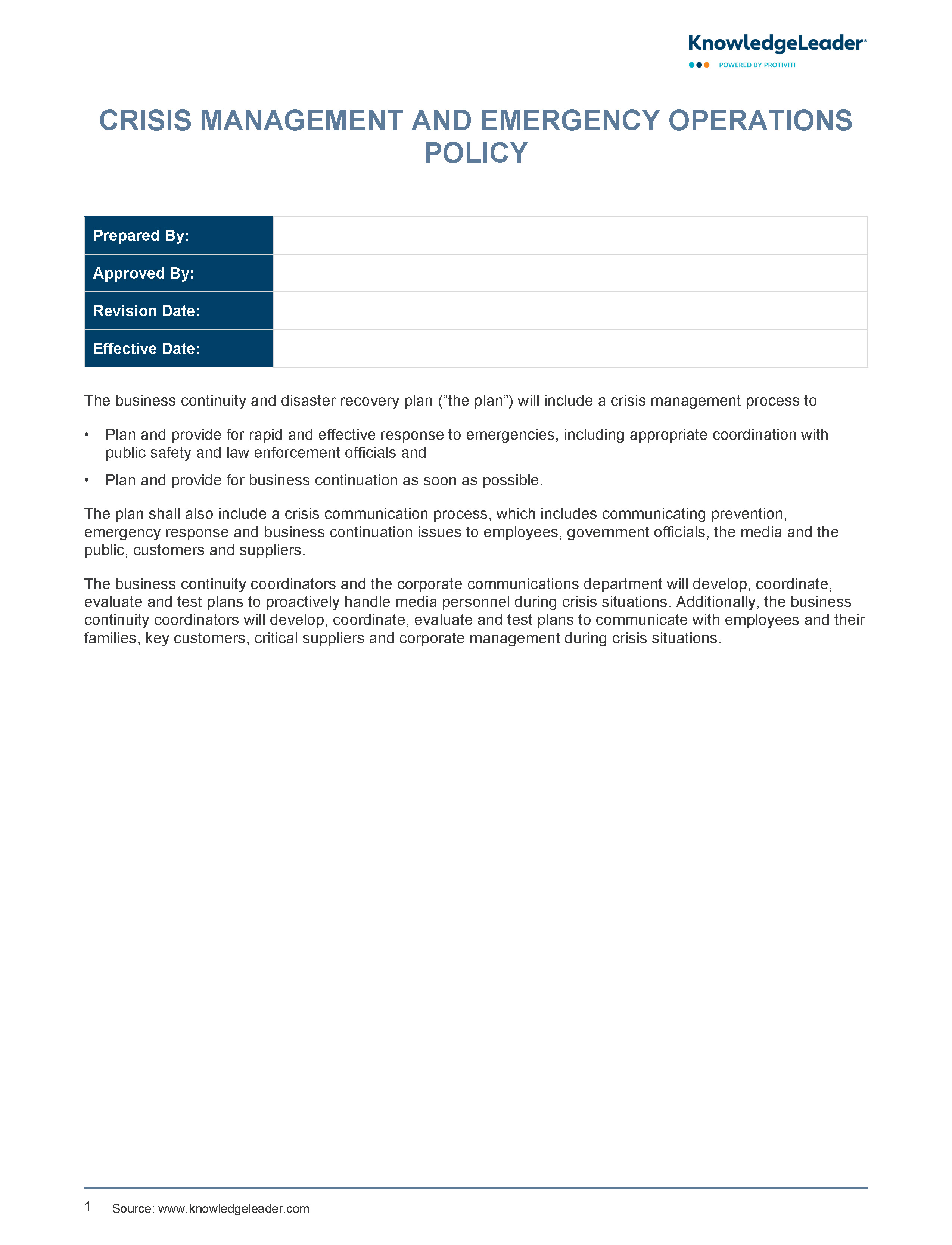 Screenshot of the first page of Crisis Management and Emergency Operations Policy