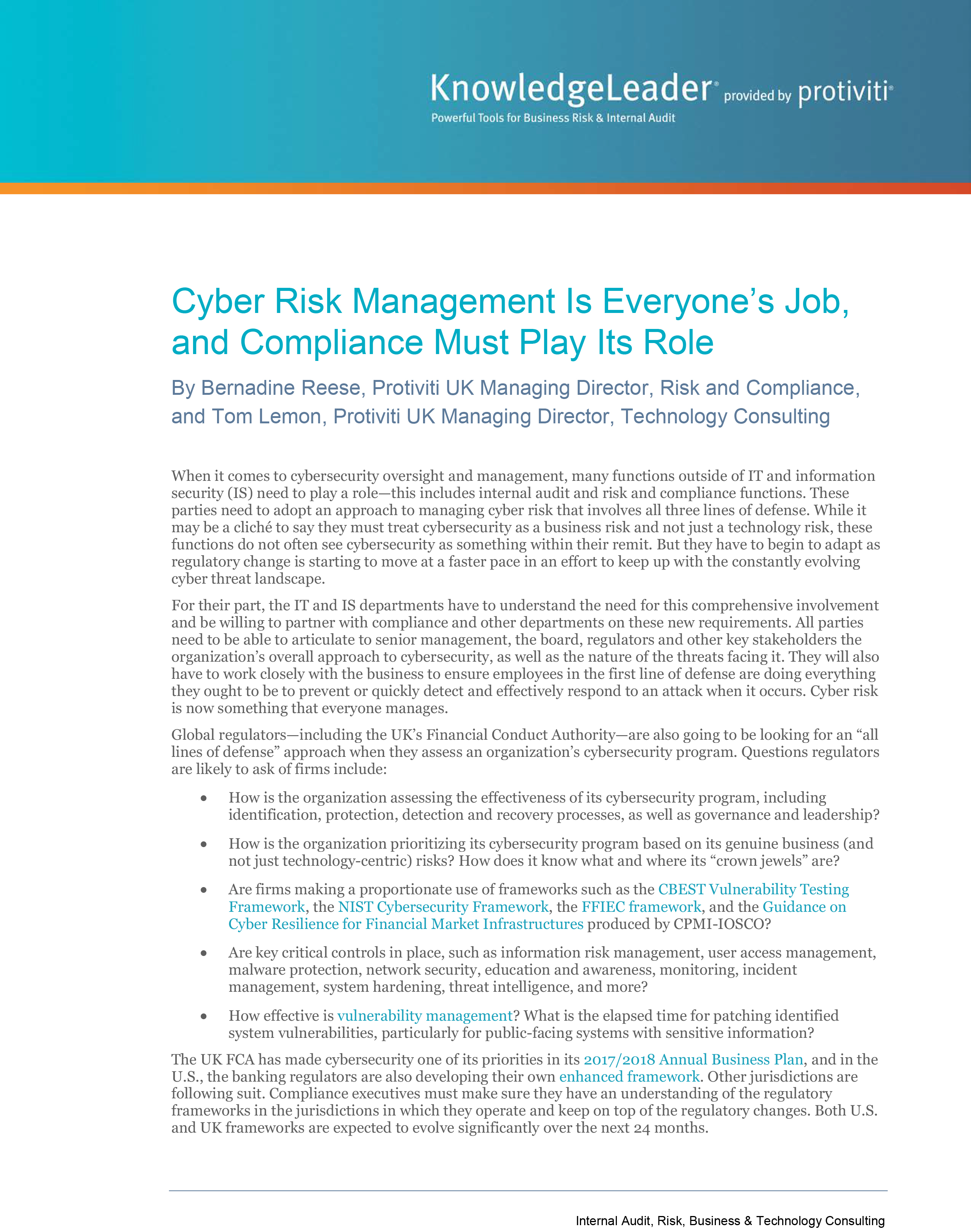 Screenshot of the first page of Cyber Risk Management Is Everyone’s Job, and Compliance Must Play Its Role