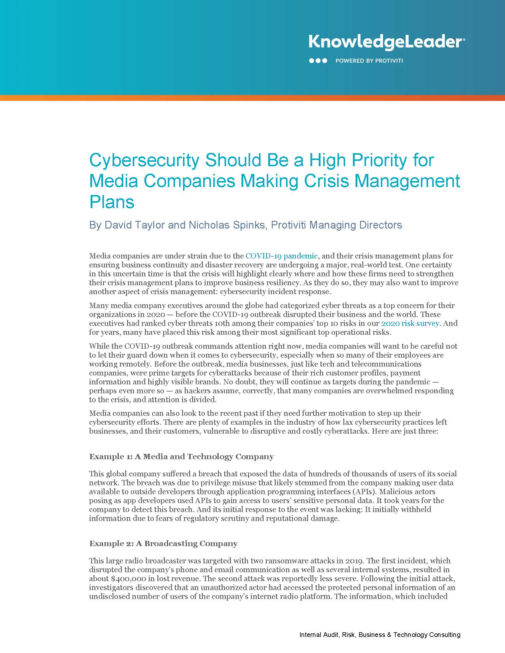 Screenshot of the first page of Cybersecurity Should Be a High Priority for Media Companies Making Crisis Management Plans