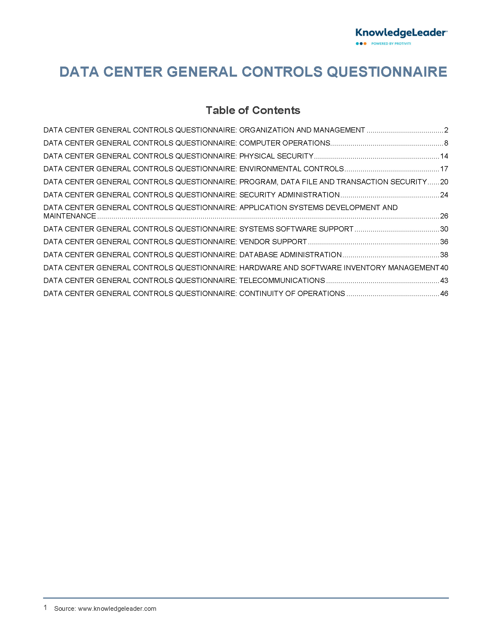 Screenshot of the first page of Data Center General Controls Questionnaire