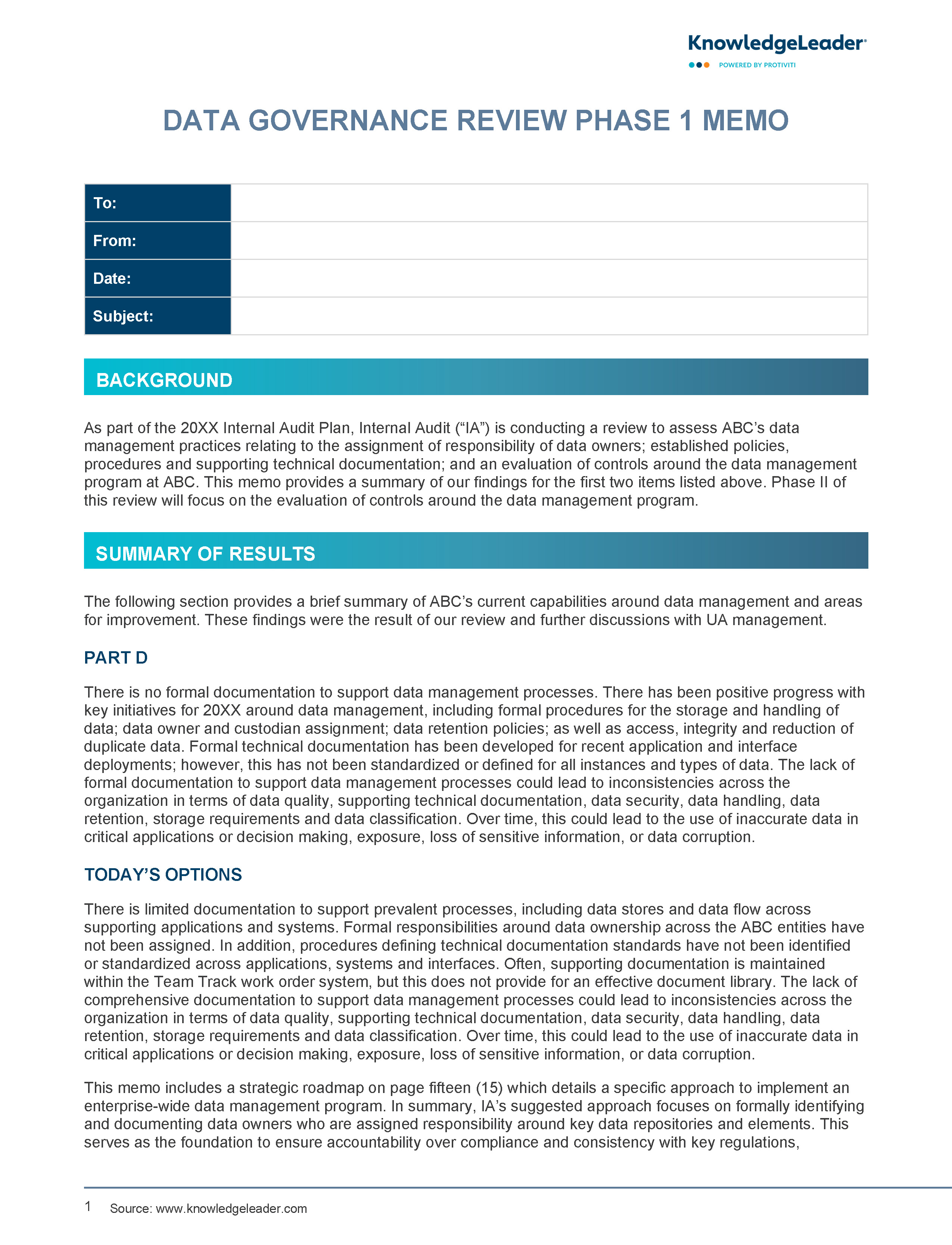 Screenshot of the first page of Data Governance Review Memo