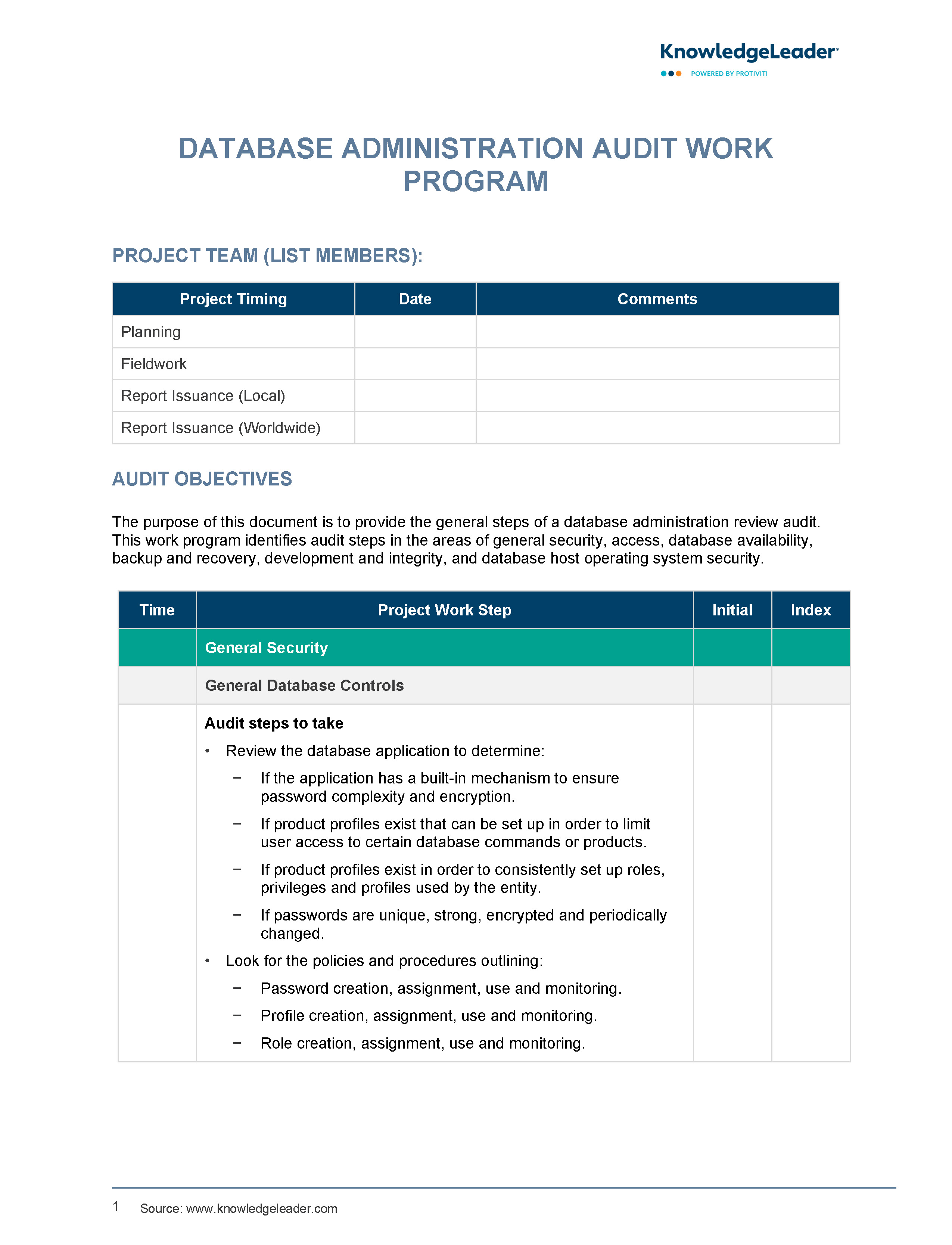 Screenshot of the first page of Database Administration Audit Work Program