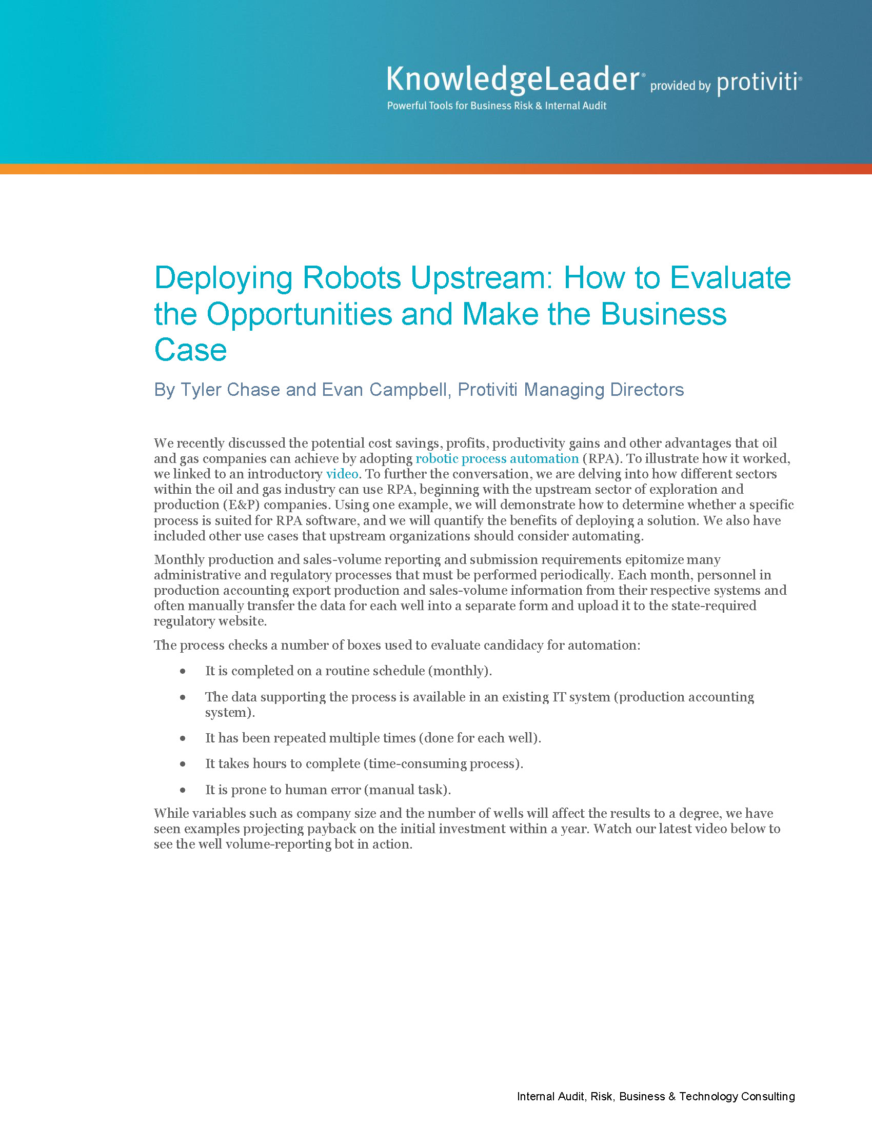 Screenshot of the first page of Deploying Robots Upstream-How to Evaluate the Opportunities and Make the Business Case