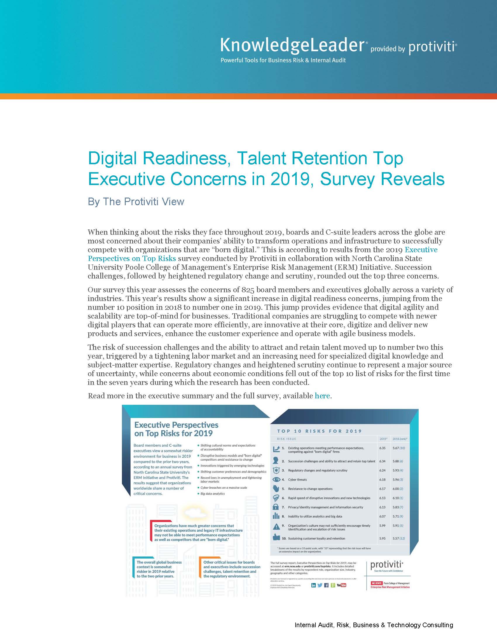 Screenshot of the first page of Digital Readiness, Talent Retention Top Executive Concerns in 2019, Survey Reveals