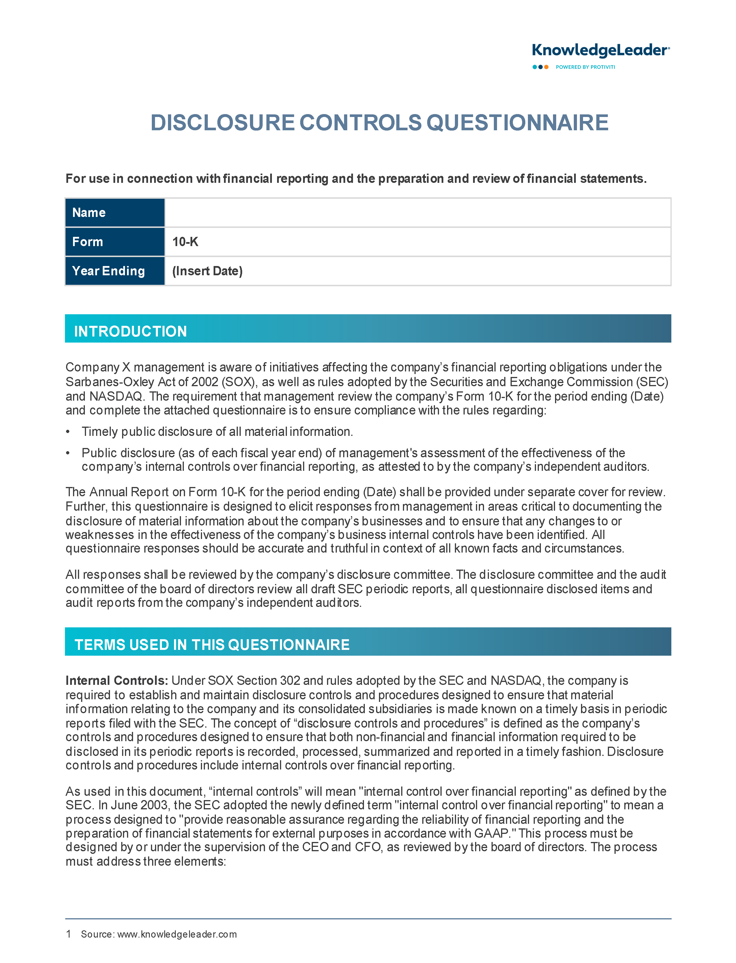 Screenshot of the first page of Disclosure Controls Questionnaire