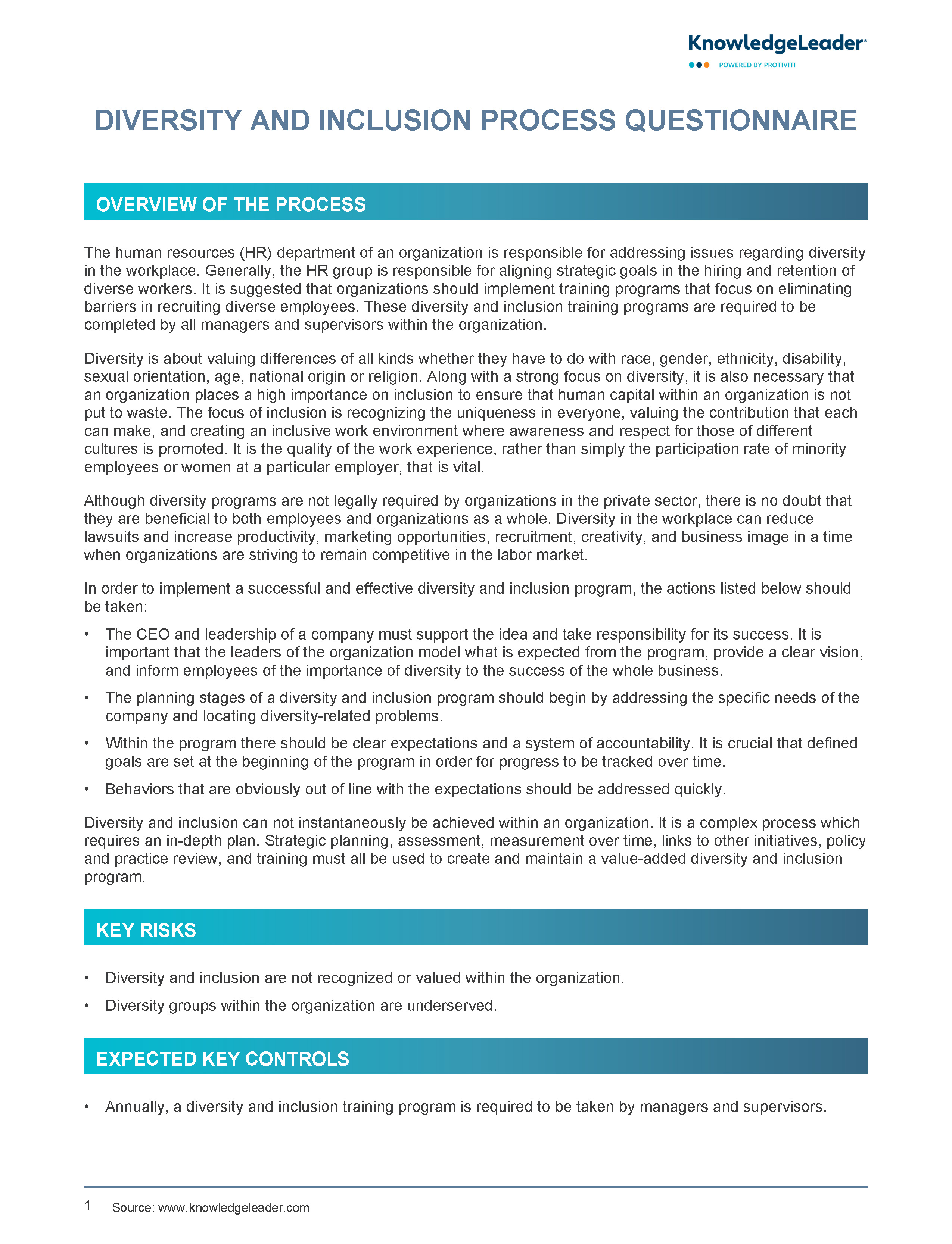 Screenshot of the first page of Diversity and Inclusion Process Questionnaire