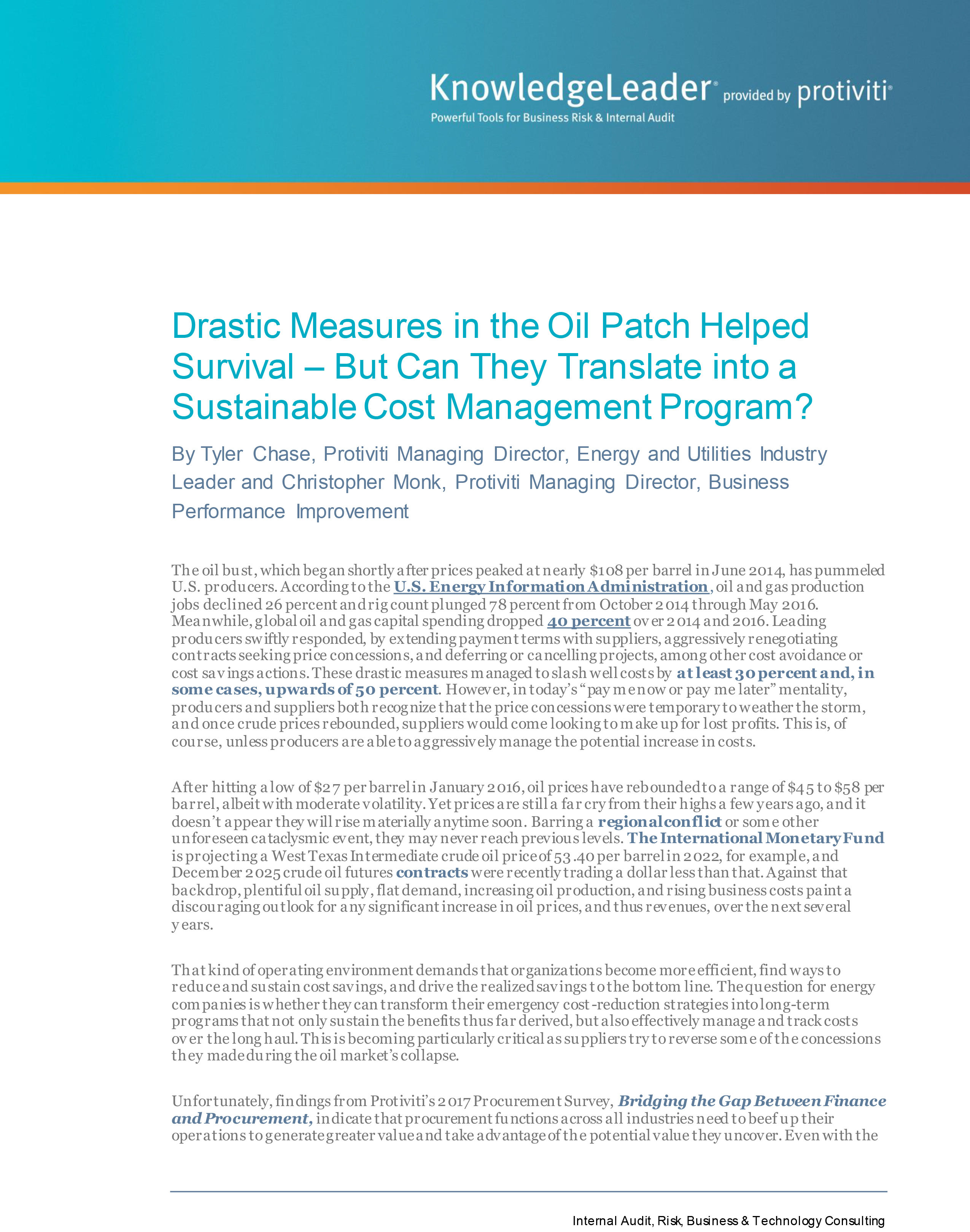 Screenshot of the first page of Drastic Measures in the Oil Patch Helped Survival – But Can They Translate into a Sustainable Cost Management Program