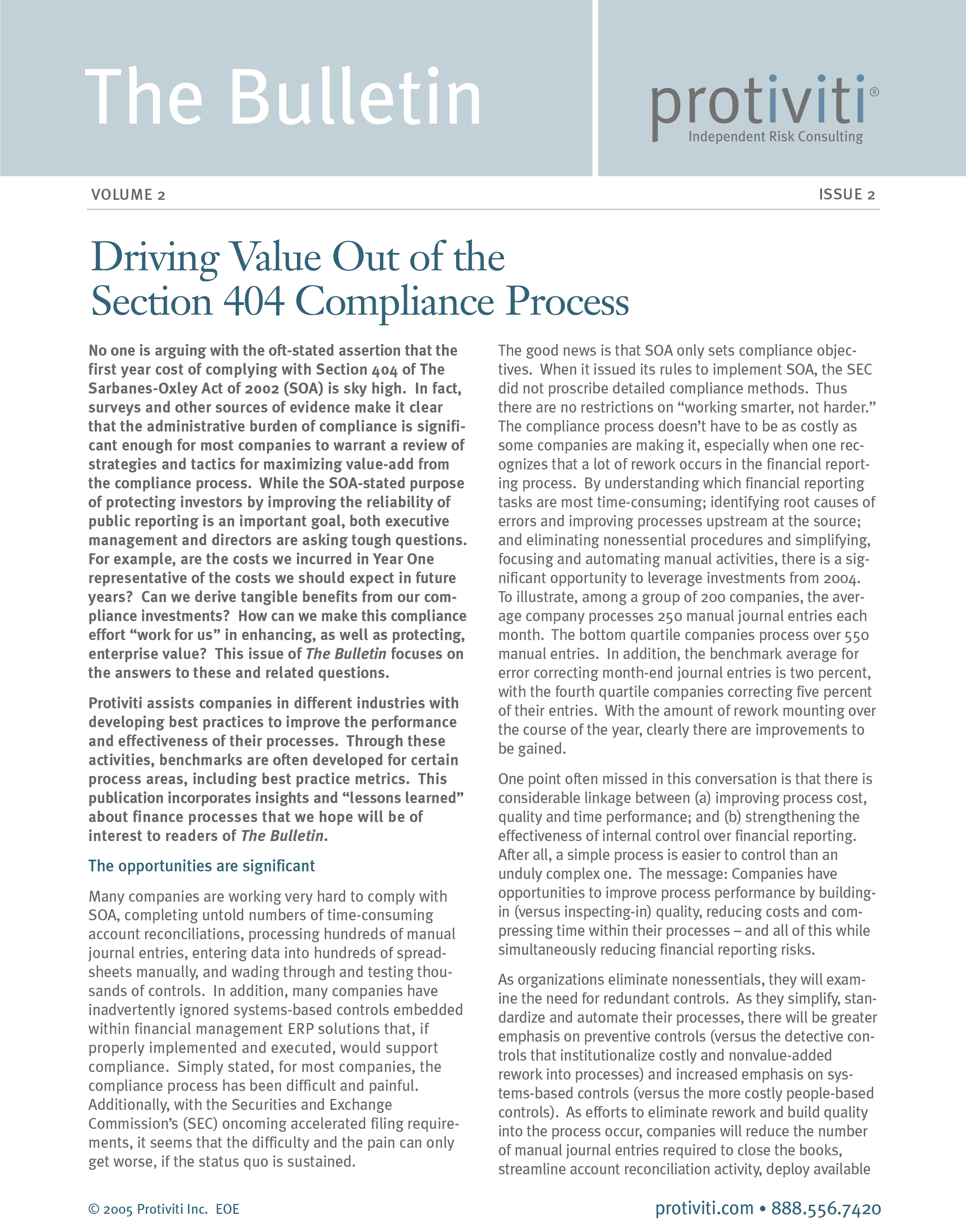 Screenshot of the first page of Driving Value Out of the Section 404 Compliance Process