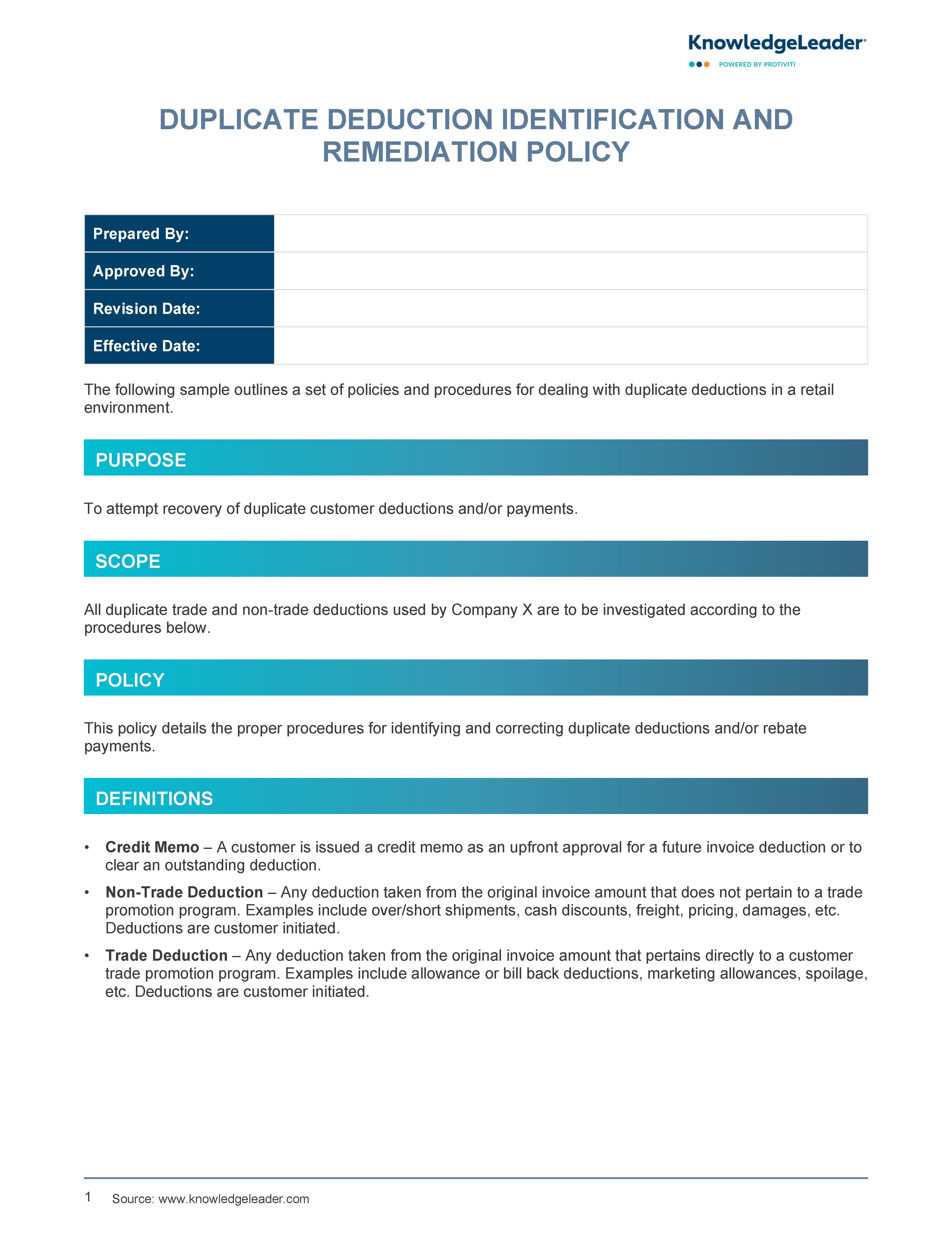 Screenshot of the first page of Duplicate Deductions Policy