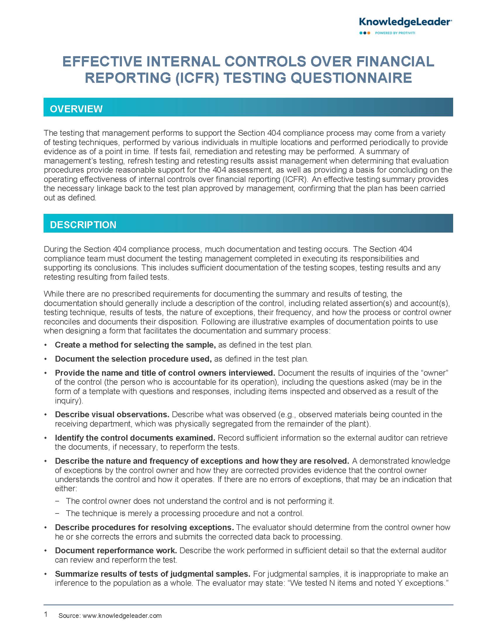 Effective Internal Controls Over Financial Reporting (ICFR) Testing Questionnaire