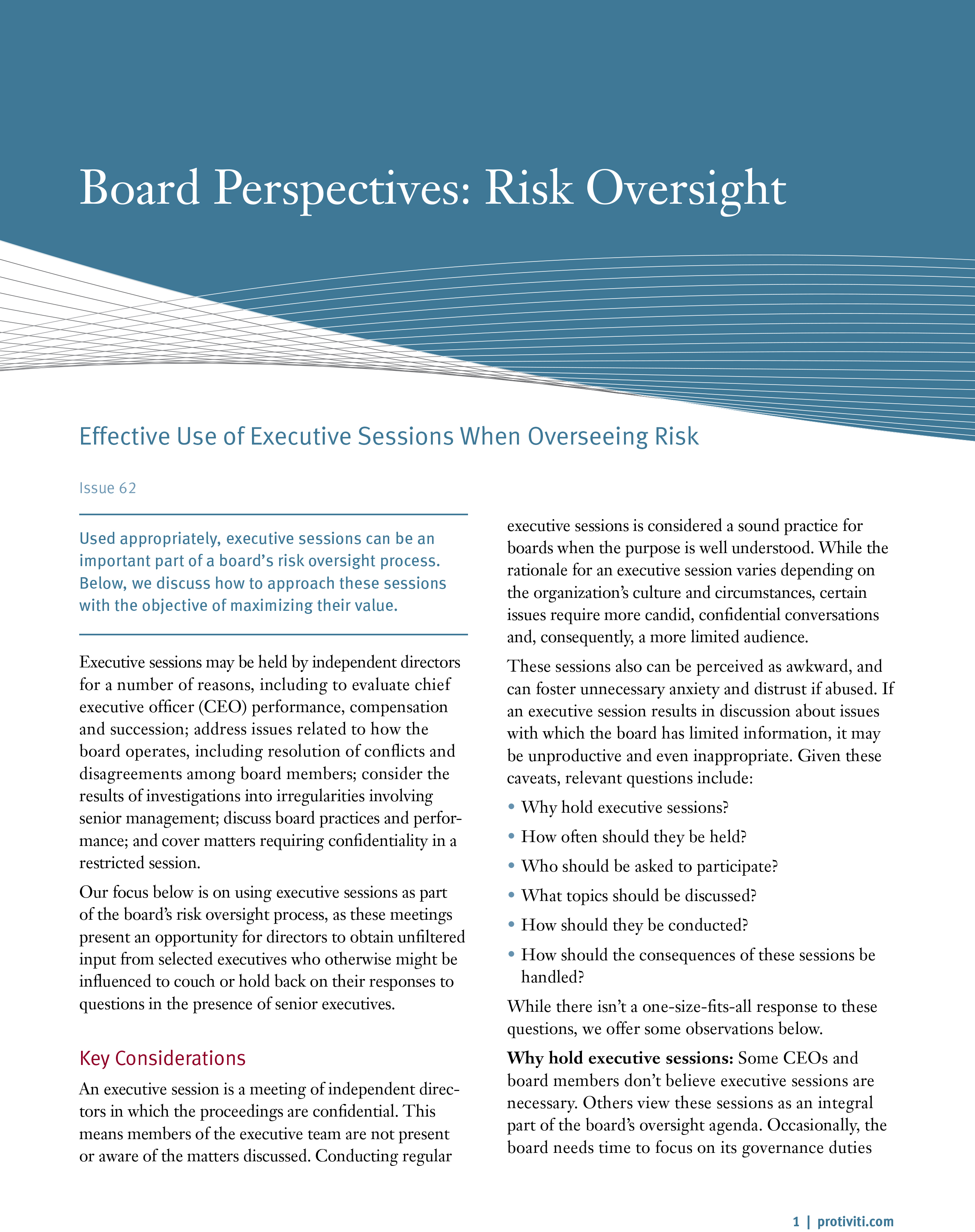 Screenshot of the first page of Effective Use of Executive Sessions When Overseeing Risk