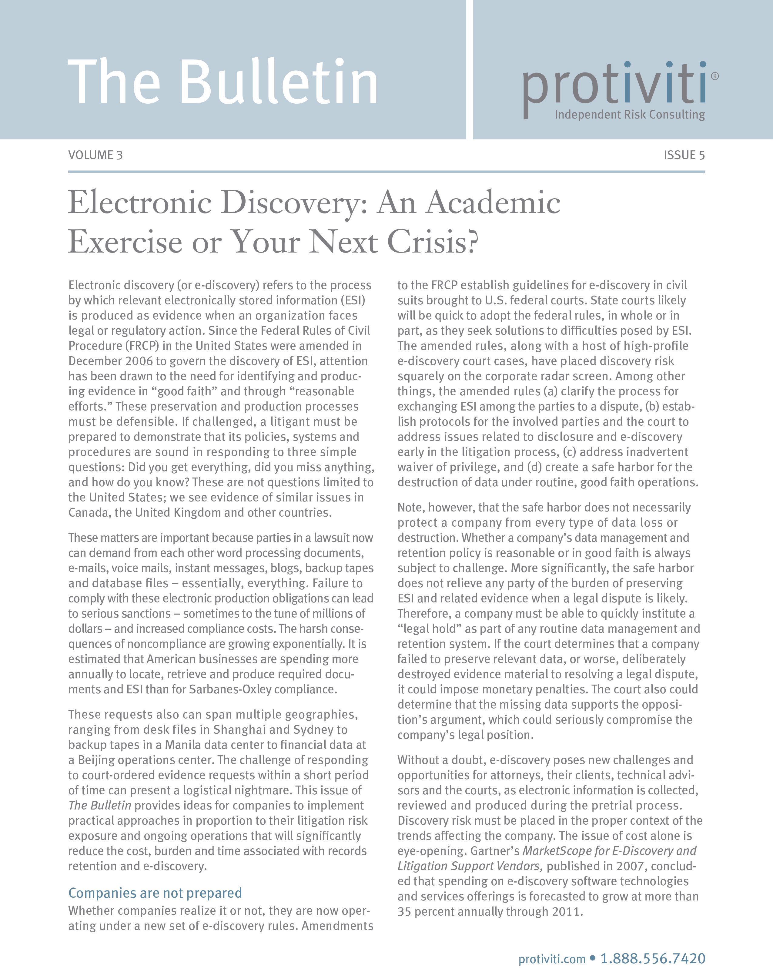 Screenshot of the first page of Electronic Discovery-An Academic Exercise or Your Next Crisis