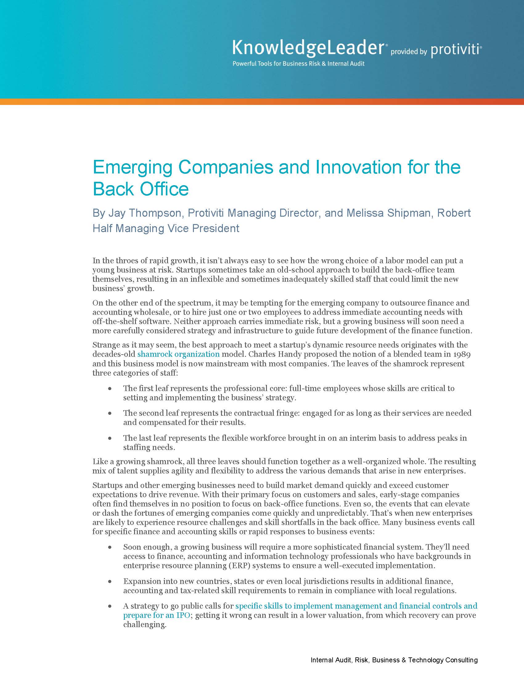 Screenshot of the first page of Emerging Companies and Innovation for the Back Office