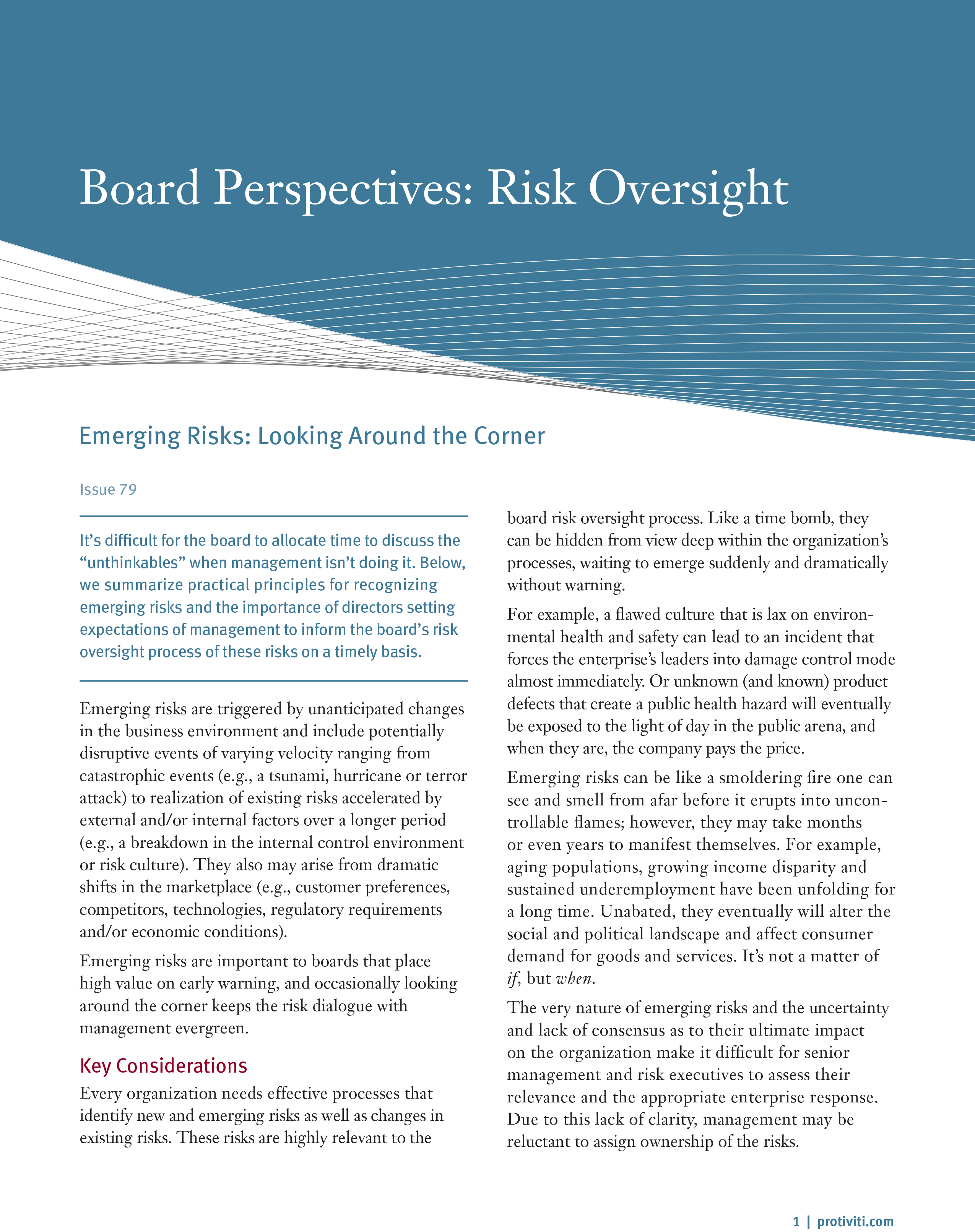 Screenshot of the first page of Emerging Risks Looking Around the Corner