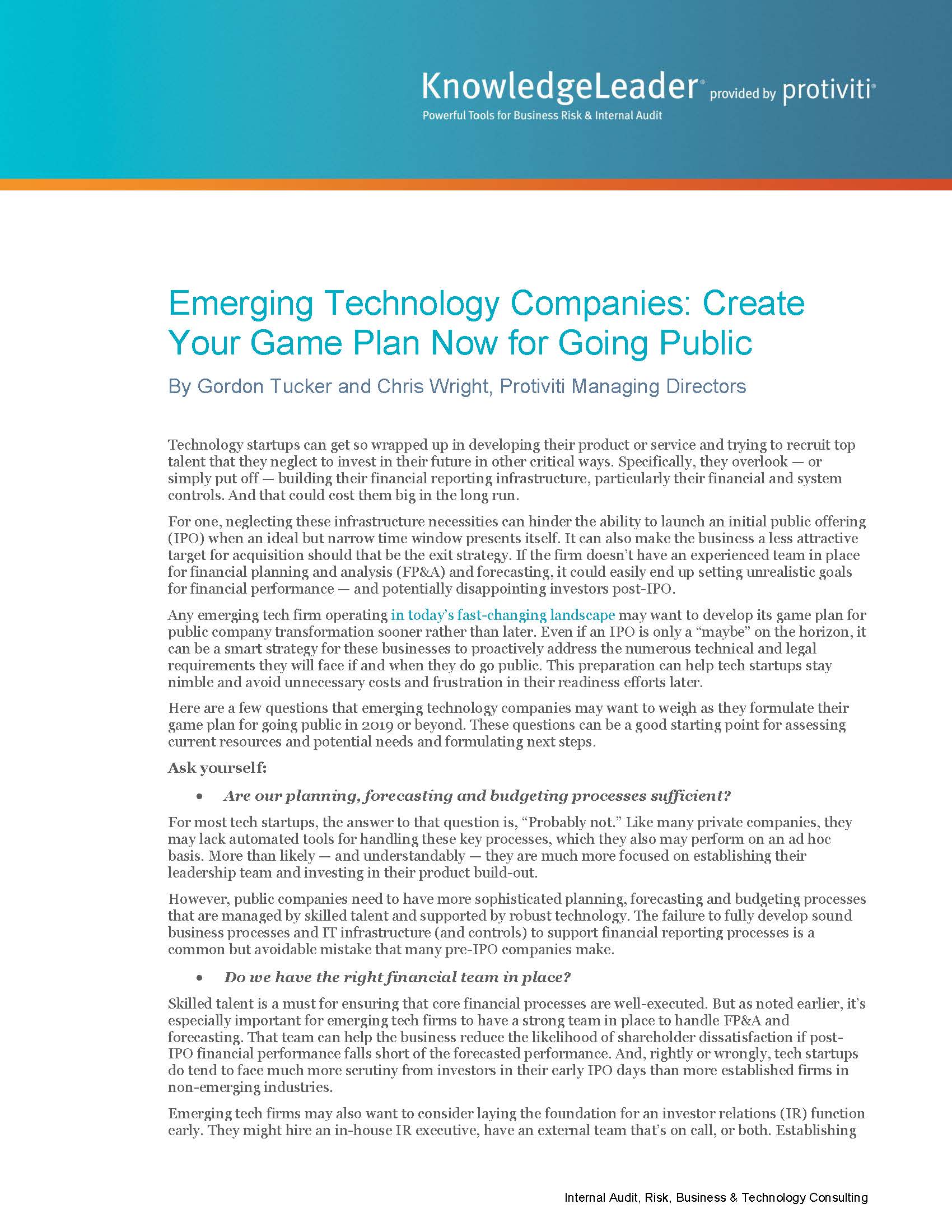 Screenshot of the first page of the Emerging Technology Companies Create Your Game Plan Now for Going Public