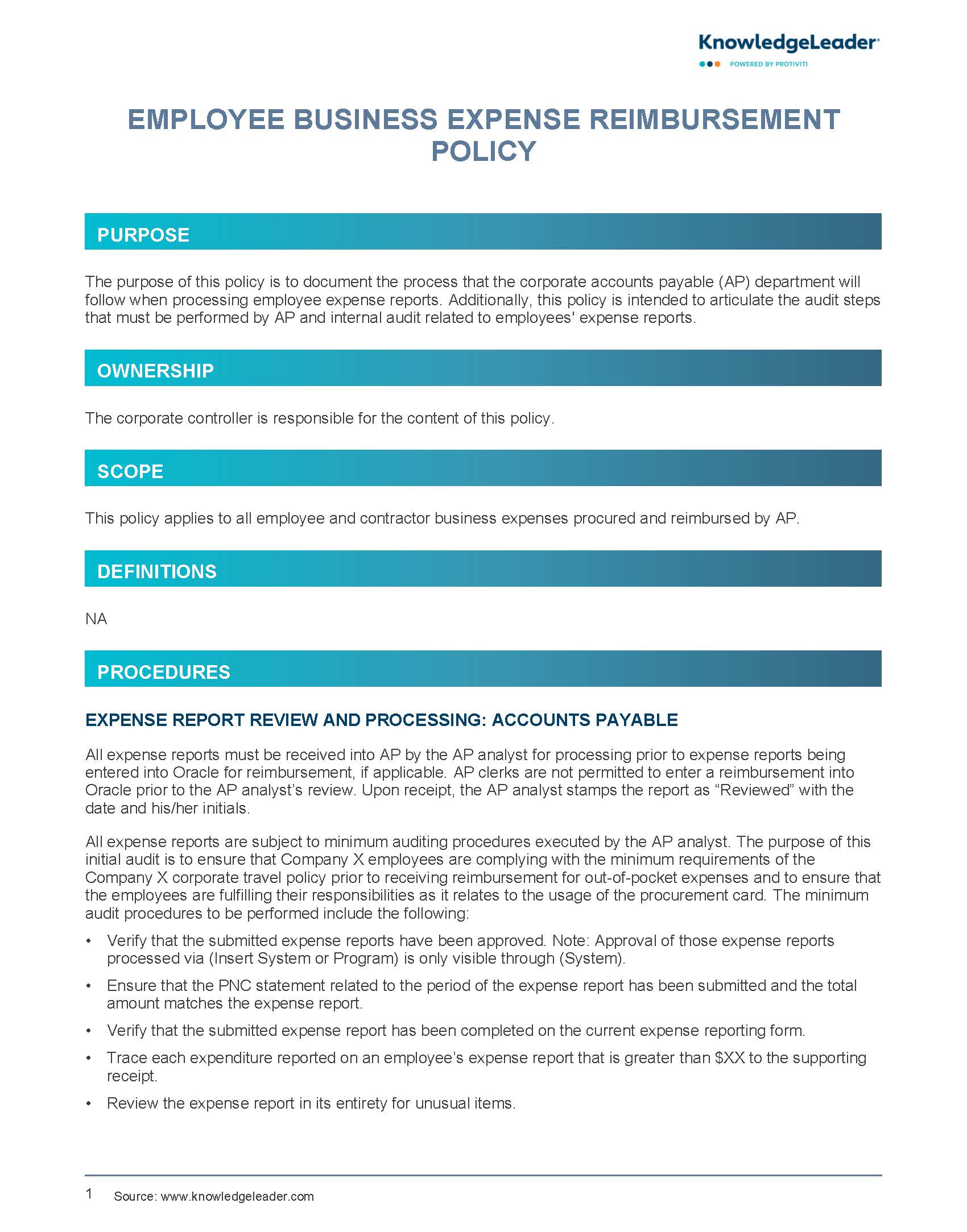Screenshot of the first page of Employee Business Expense Reimbursement Policy