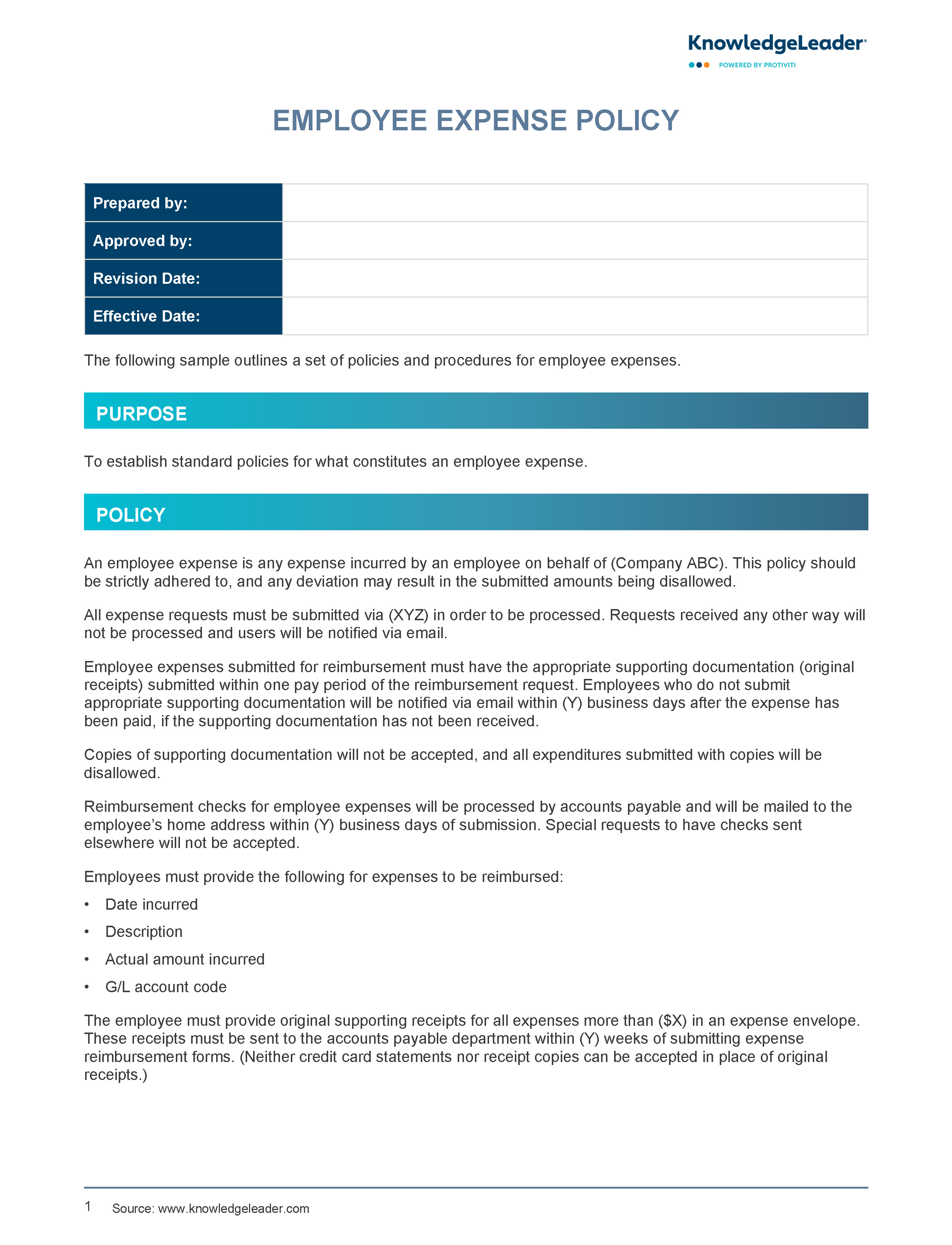 Screenshot of the first page of Employee Expense Policy