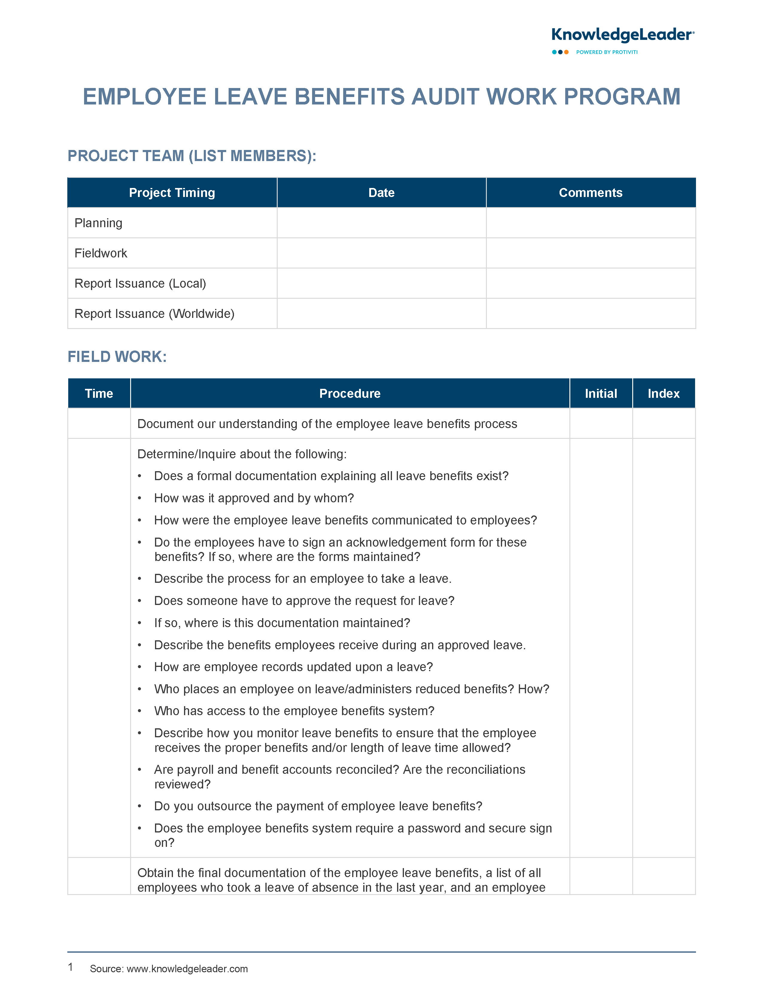 Screenshot of the first page of Employee Leave Benefits Audit Work Program