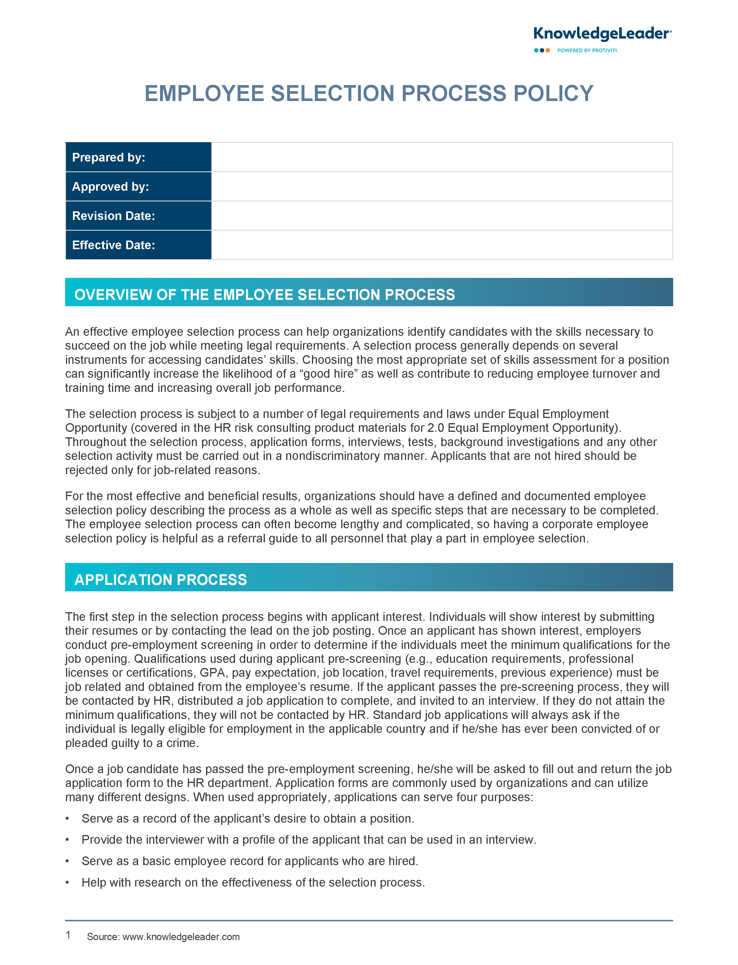 Screenshot of the first page of Employee Selection Policy