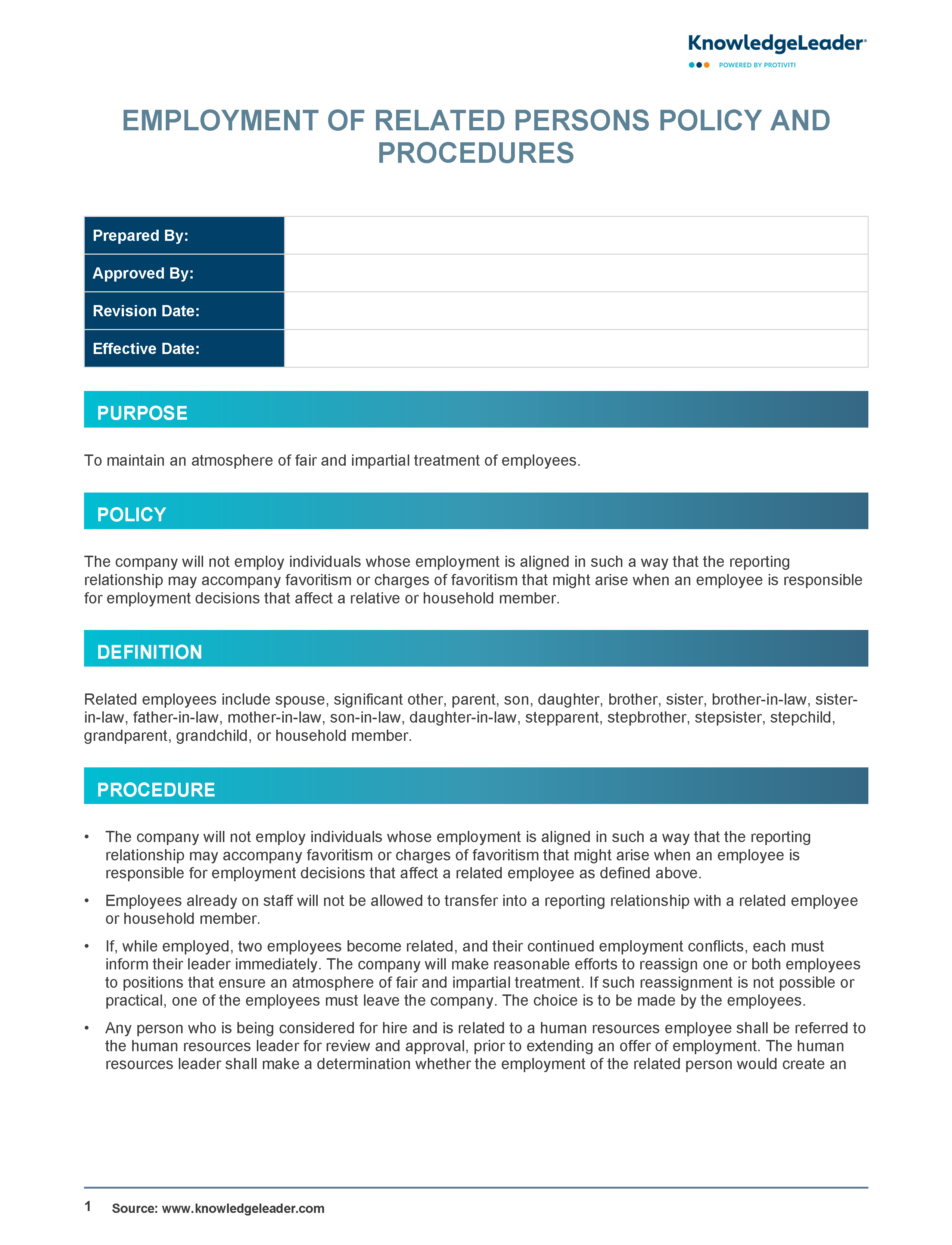 Screenshot of the first page of Employment of Related Persons Policy and Procedures