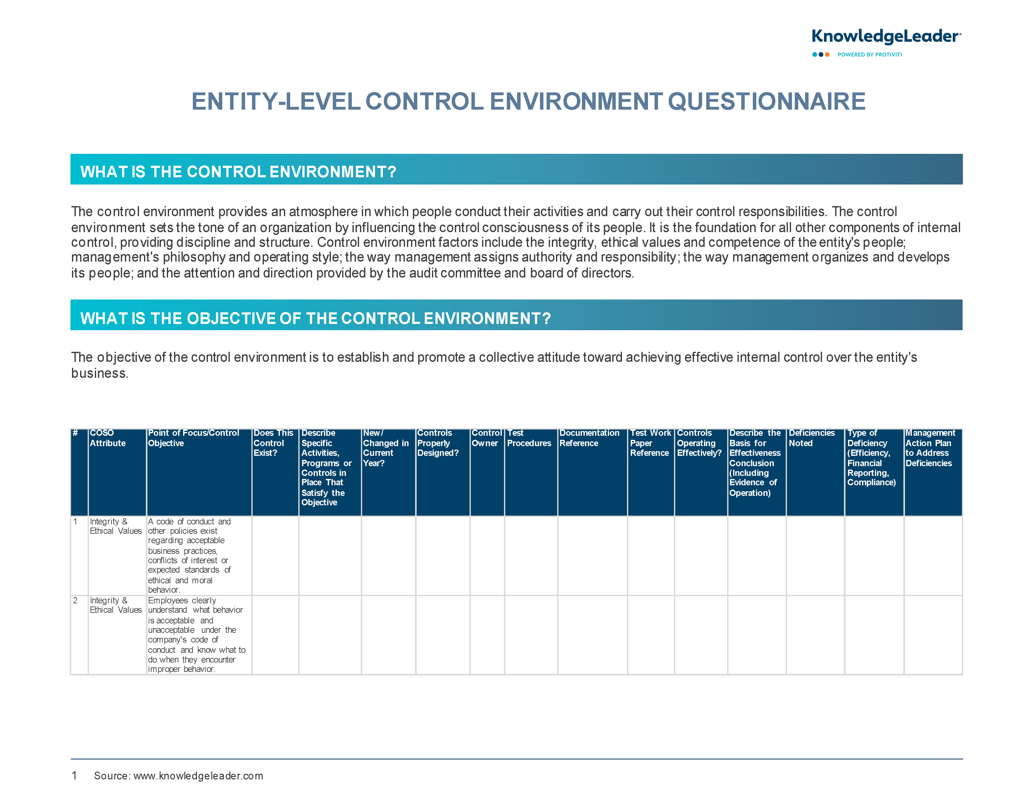 Screenshot of the first page of Entity-Level Control Environment Questionnaire