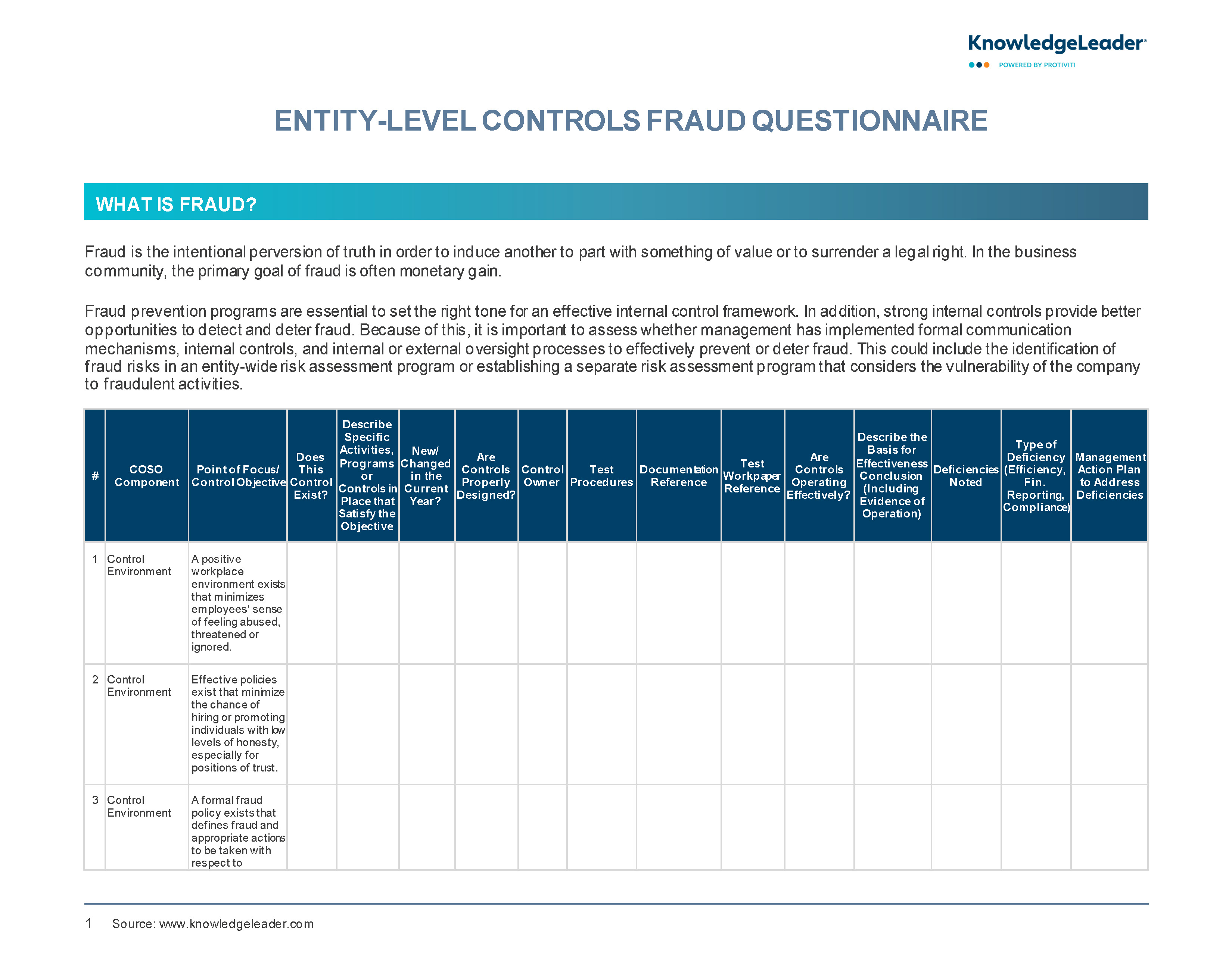 Screenshot of the first page of Entity-Level Controls Fraud Questionnaire
