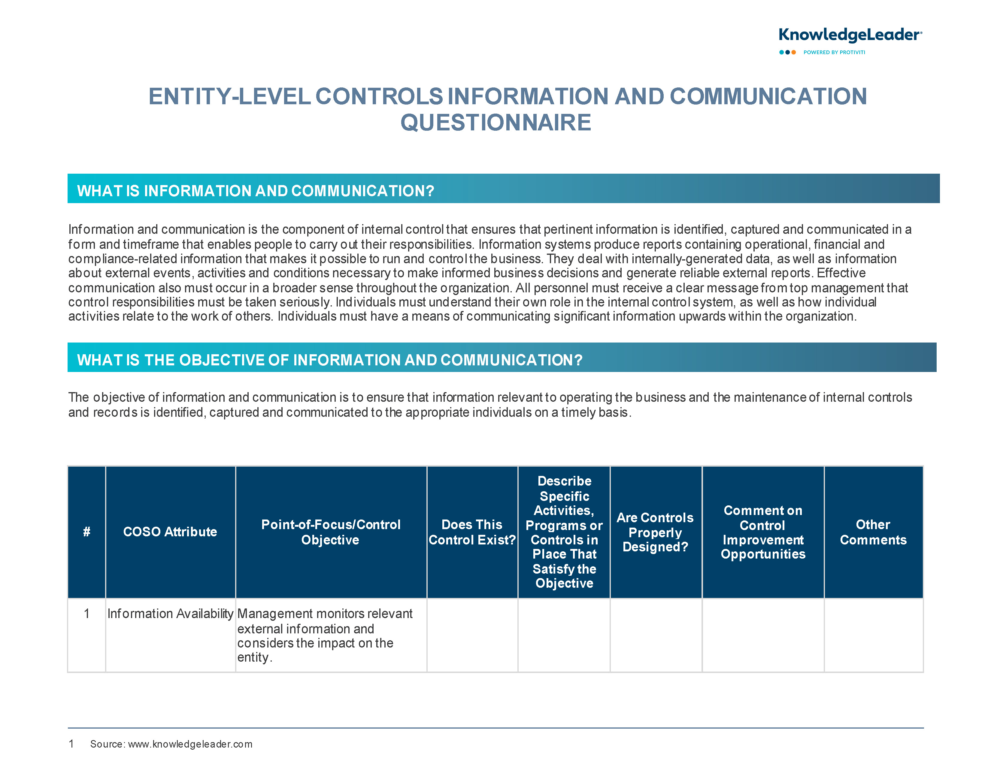 Screenshot of the first page of Entity-Level Controls Information and Communication Questionnaire
