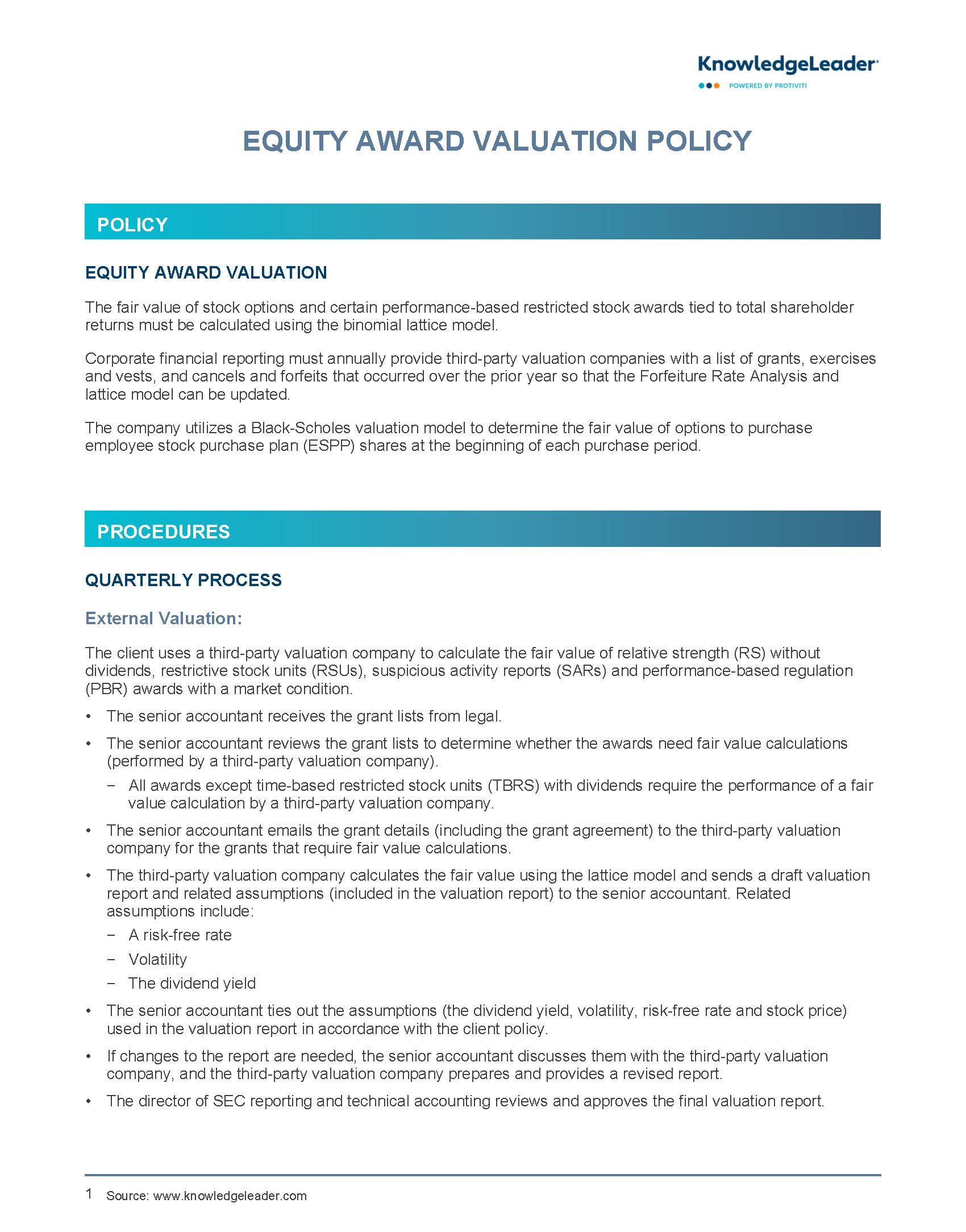 Screenshot of the first page of Equity Award Valuation Policy