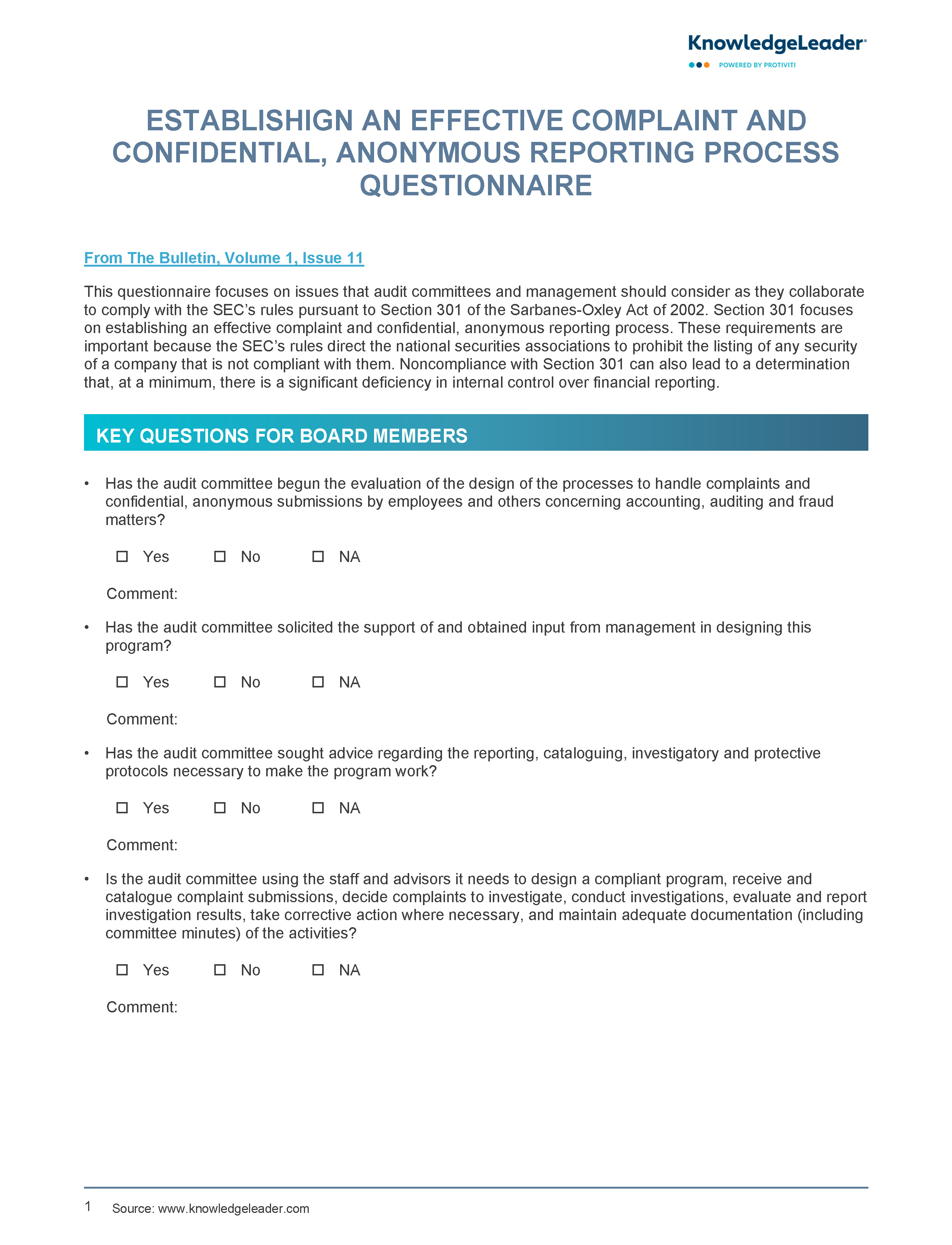 Screenshot of the first page of Establishing an Effective Complaint Reporting Process Questionnaire