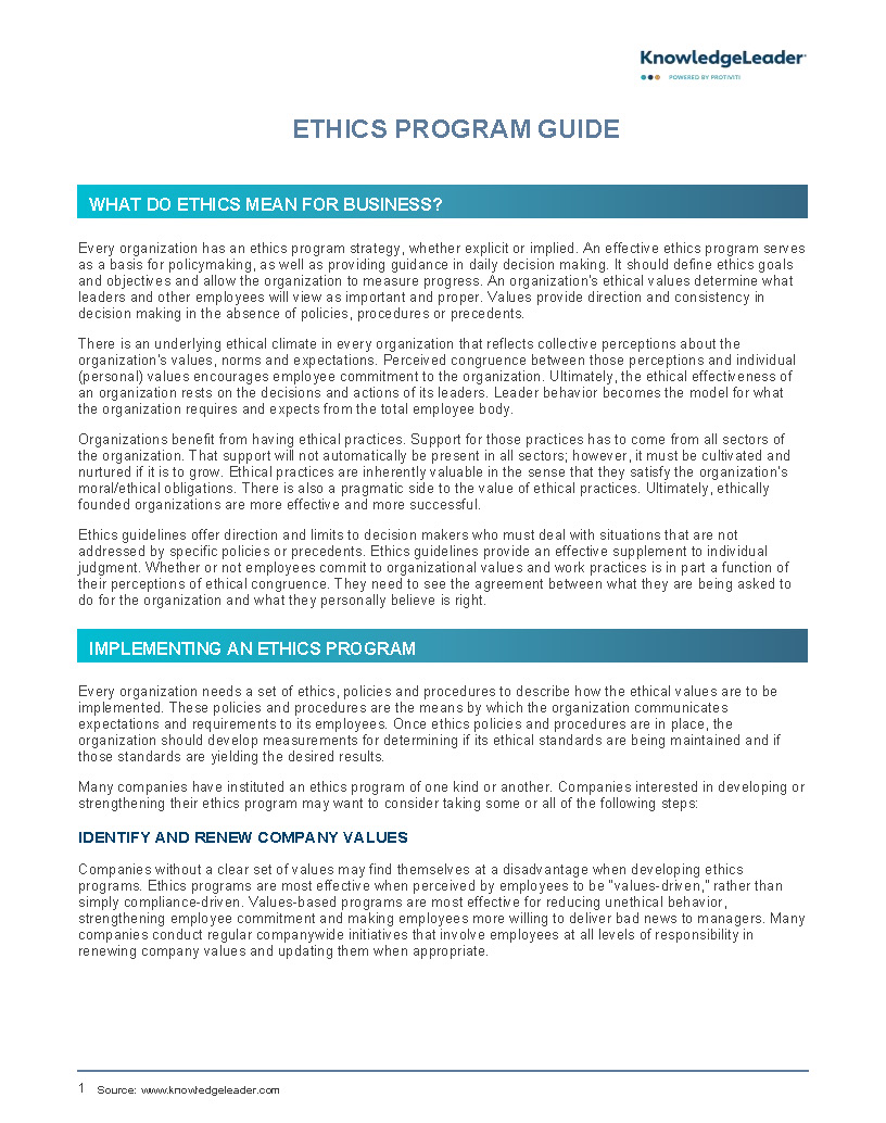Screenshot of the first page of Ethics Program Guide