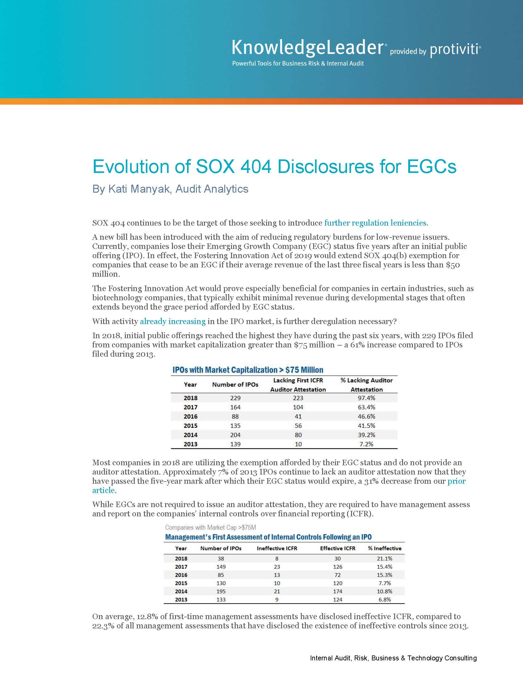 Screenshot of the first page of Evolution of SOX 404 Disclosures for EGCs
