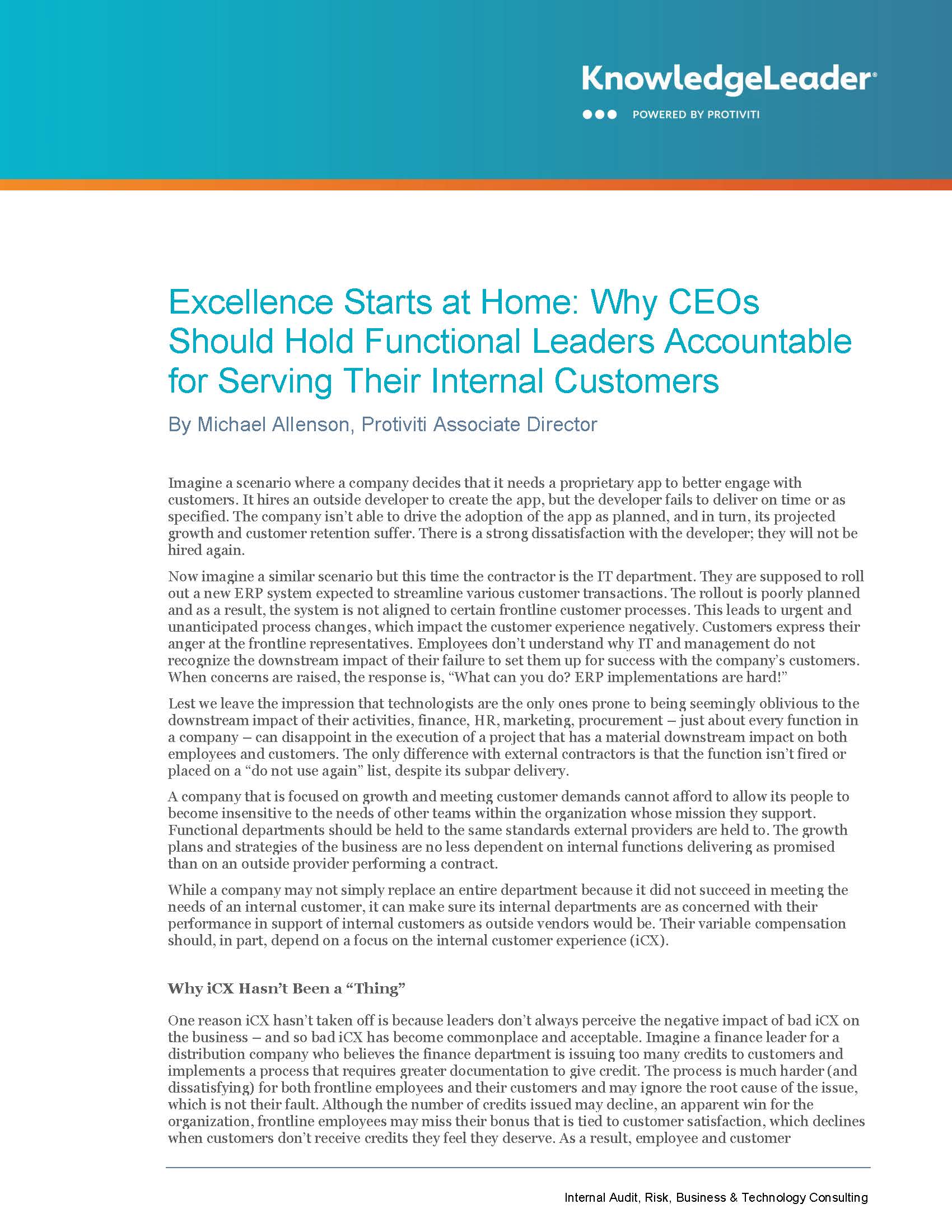 Screenshot of the first page of Excellence Starts at Home Why CEOs Should Hold Functional Leaders Accountable for Serving Their Internal Customers