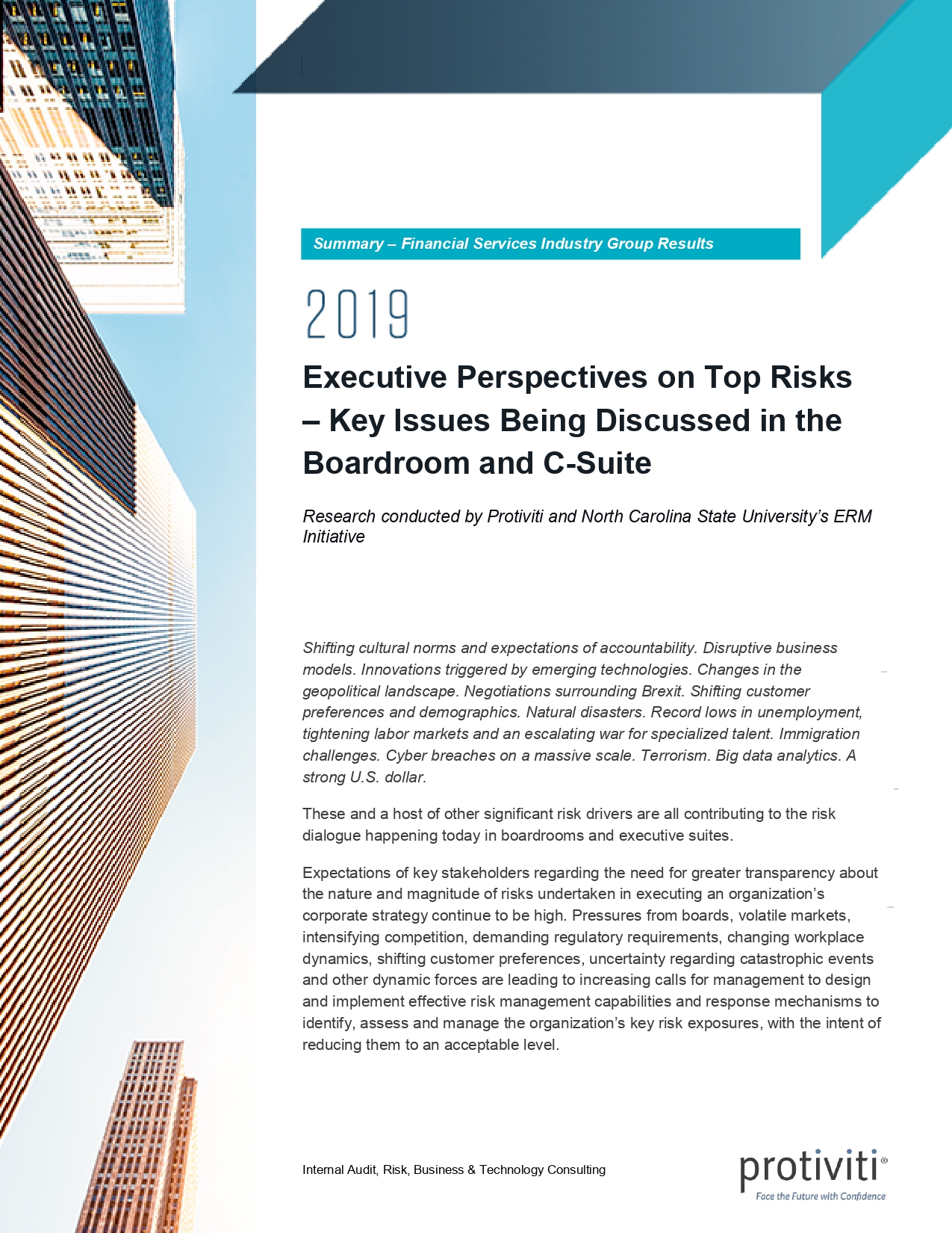 Screenshot of the first page of Executive Perspectives on Top Risks in 2019 - Financial Services Industry Group Results
