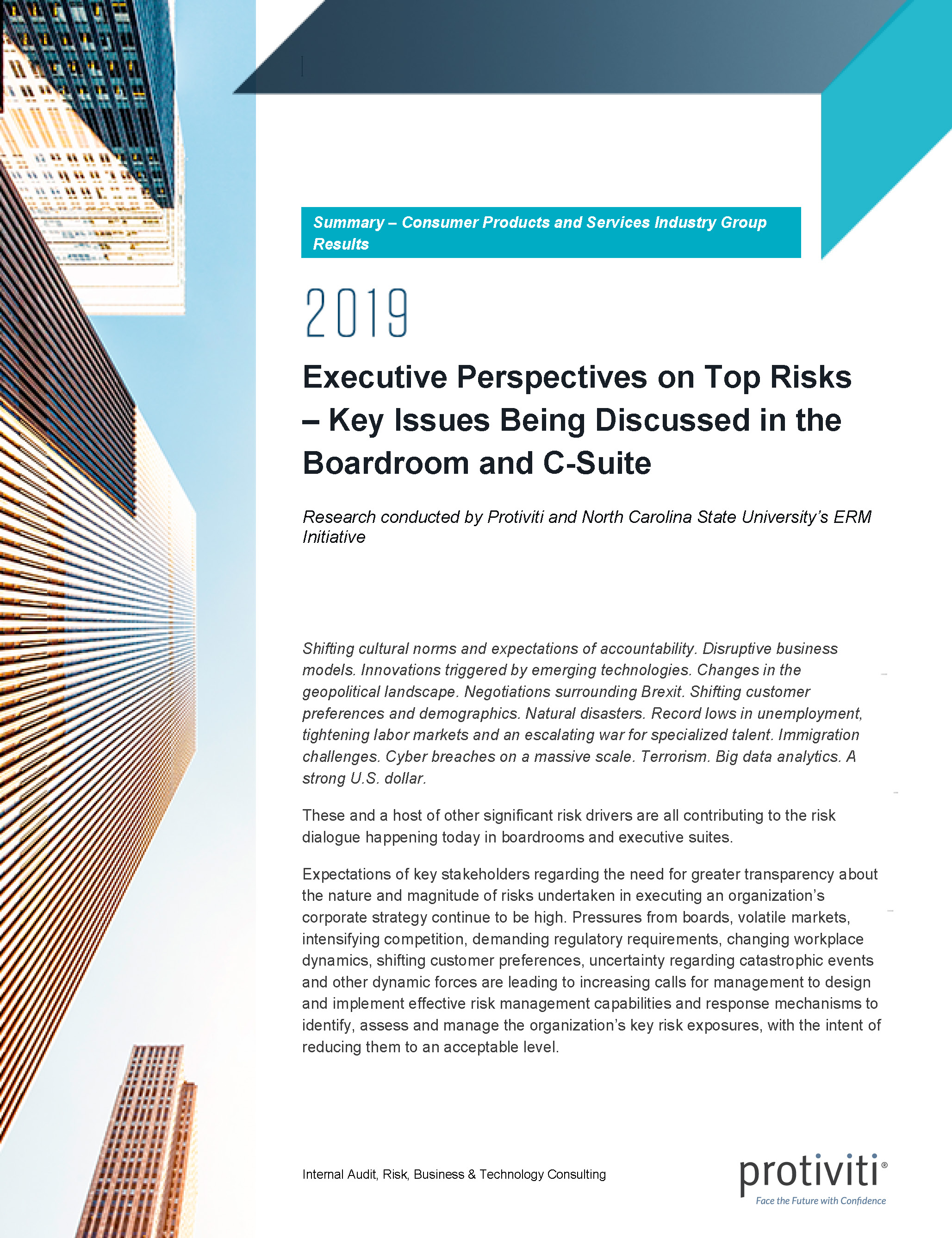 Screenshot of the first page of Executive Perspectives on Top Risks in 2019 Consumer Products and Services Industry Group Results