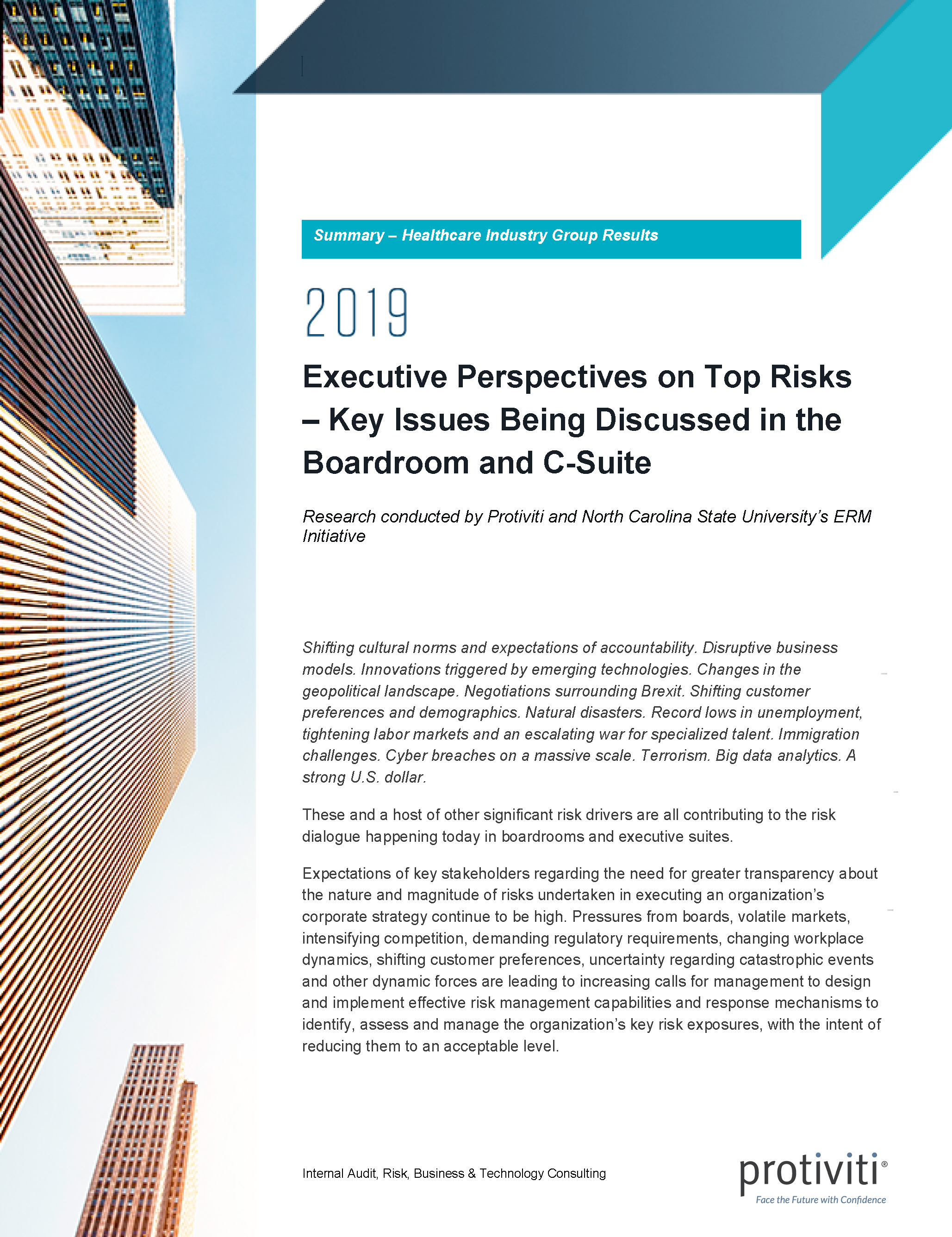 Screenshot of the first page of Executive Perspectives on Top Risks in 2019 Healthcare Industry Group Results