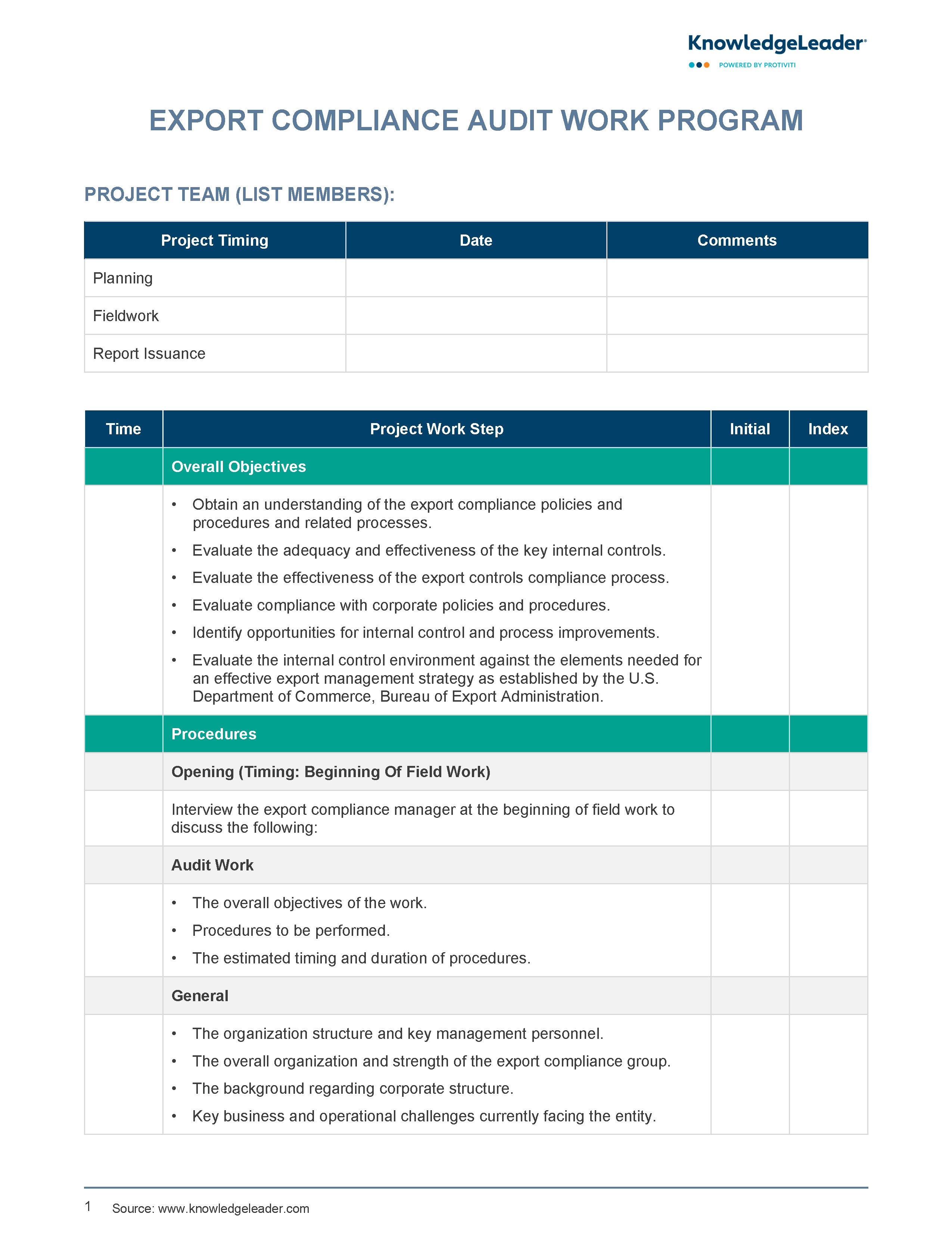 Screenshot of the first page of Export Compliance Audit Work Program