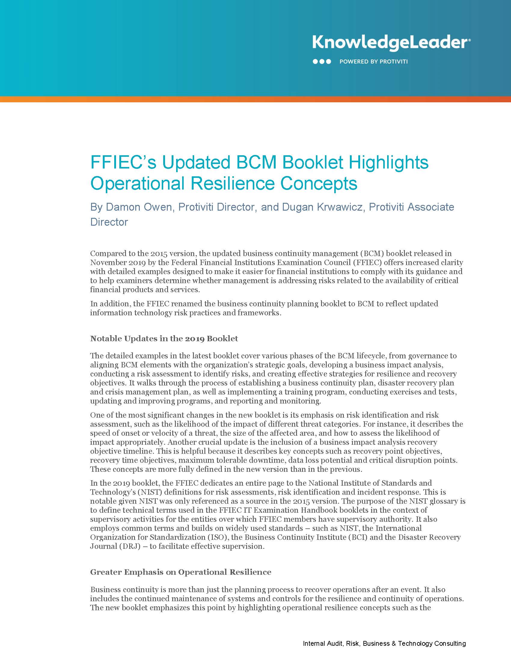 Screenshot of the first page of FFIEC’s Updated BCM Booklet Highlights Operational Resilience Concepts