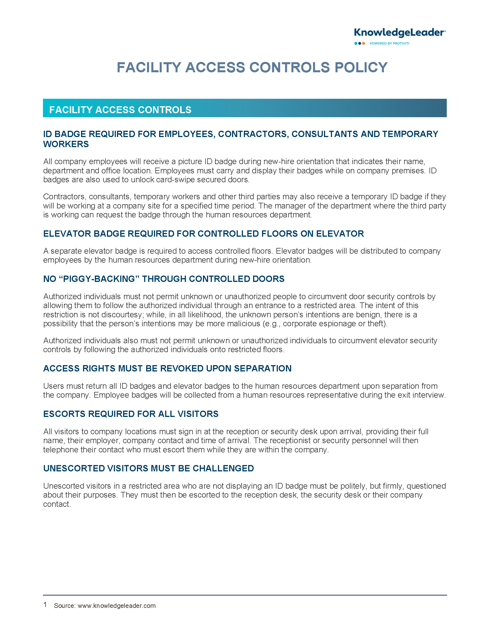 Screenshot of the first page of Facility Access Controls Policy