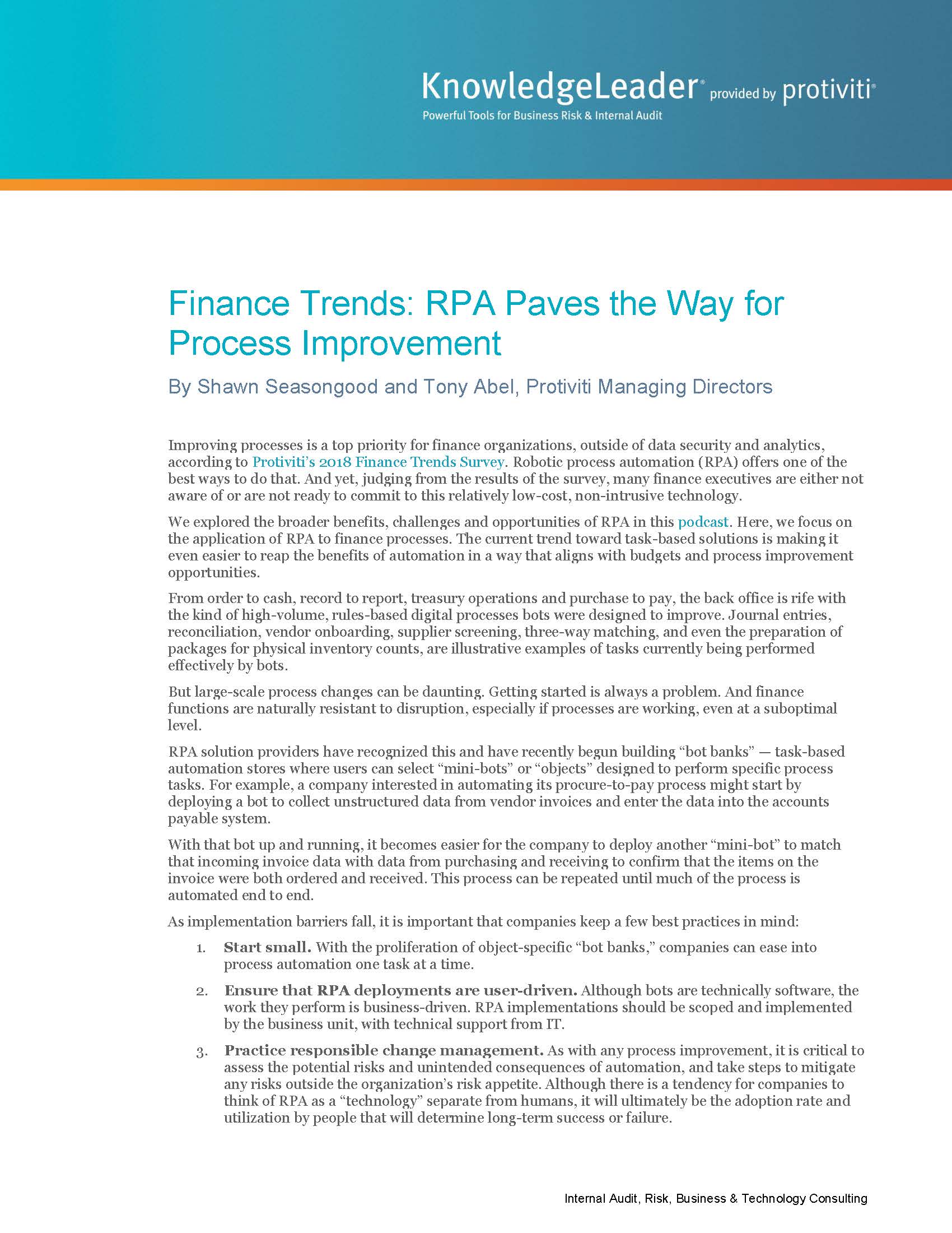 Screenshot of the first page of Finance Trends RPA Paves the Way for Process Improvement
