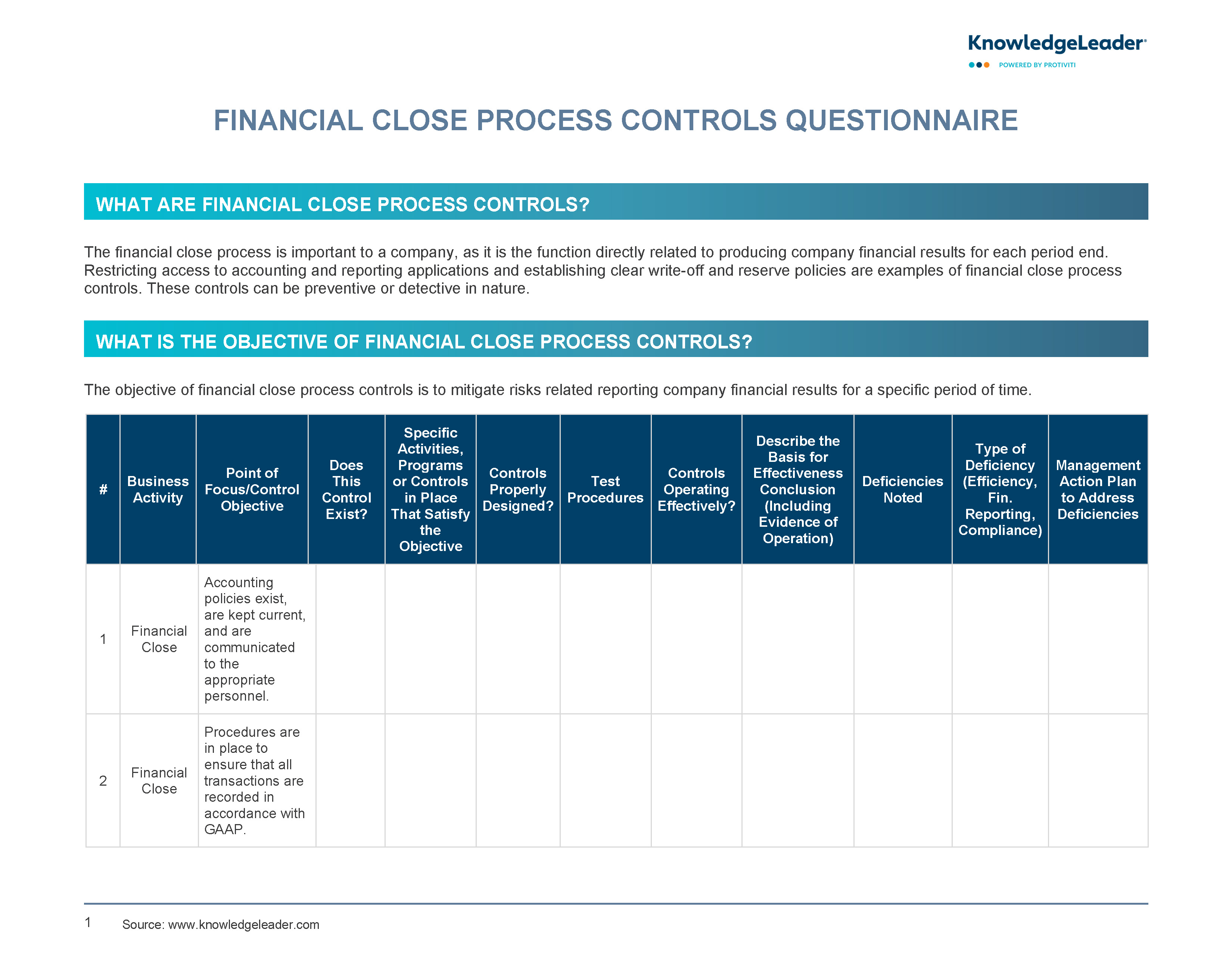 Screenshot of the first page of Financial Close Process Controls Questionnaire