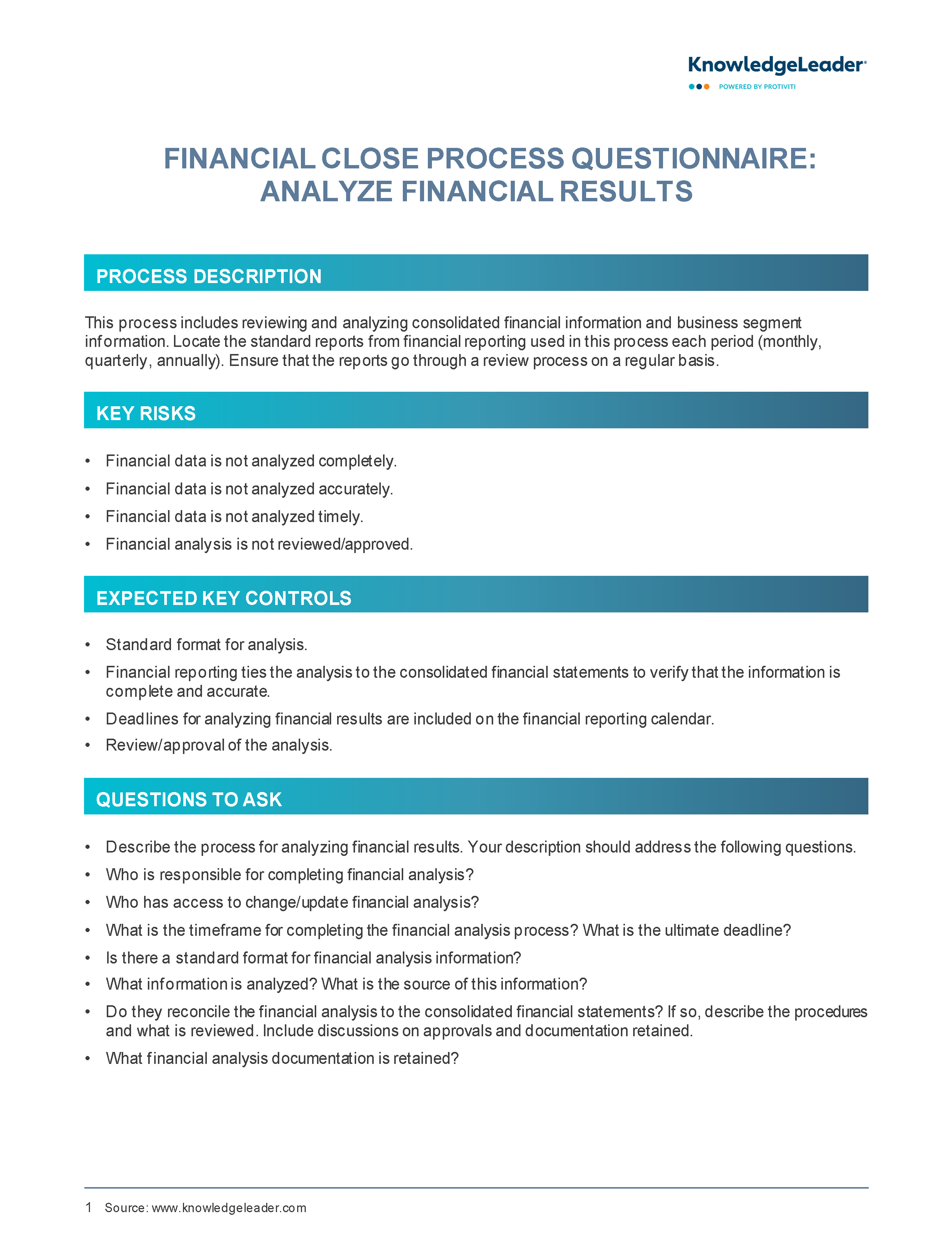 Screenshot of the first page of Financial Close Process Questionnaire - Analyze Financial Results