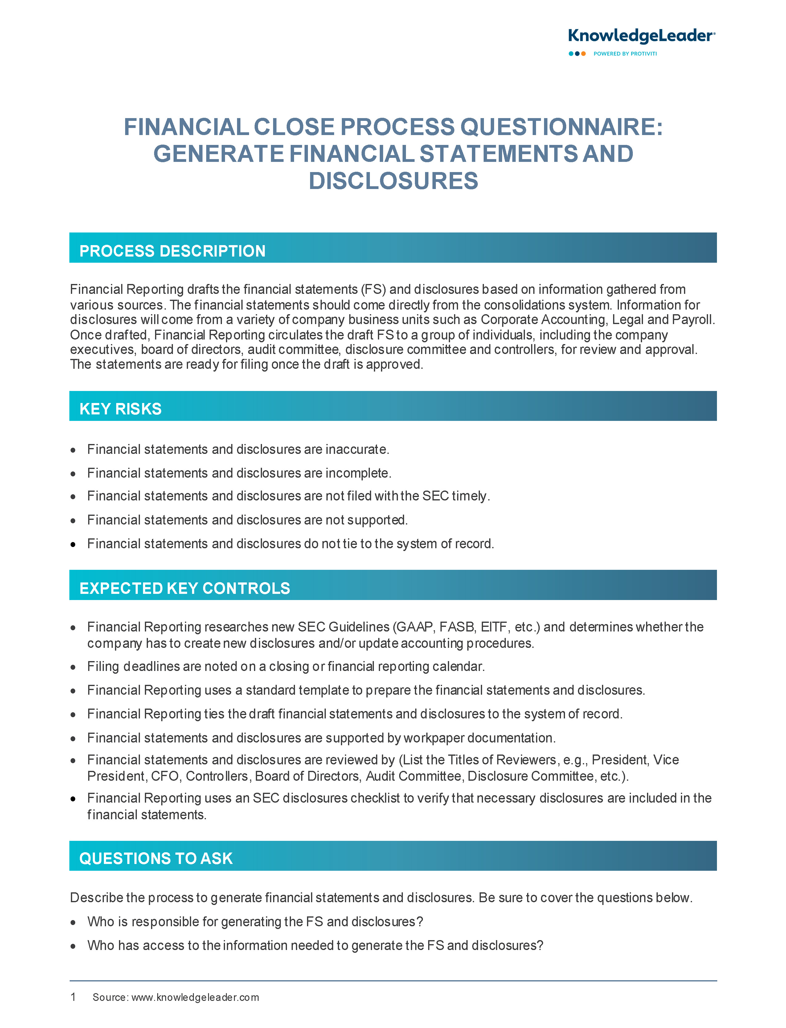 Screenshot of the first page of Financial Close Process Questionnaire - Generate Financial Statements and Disclosures