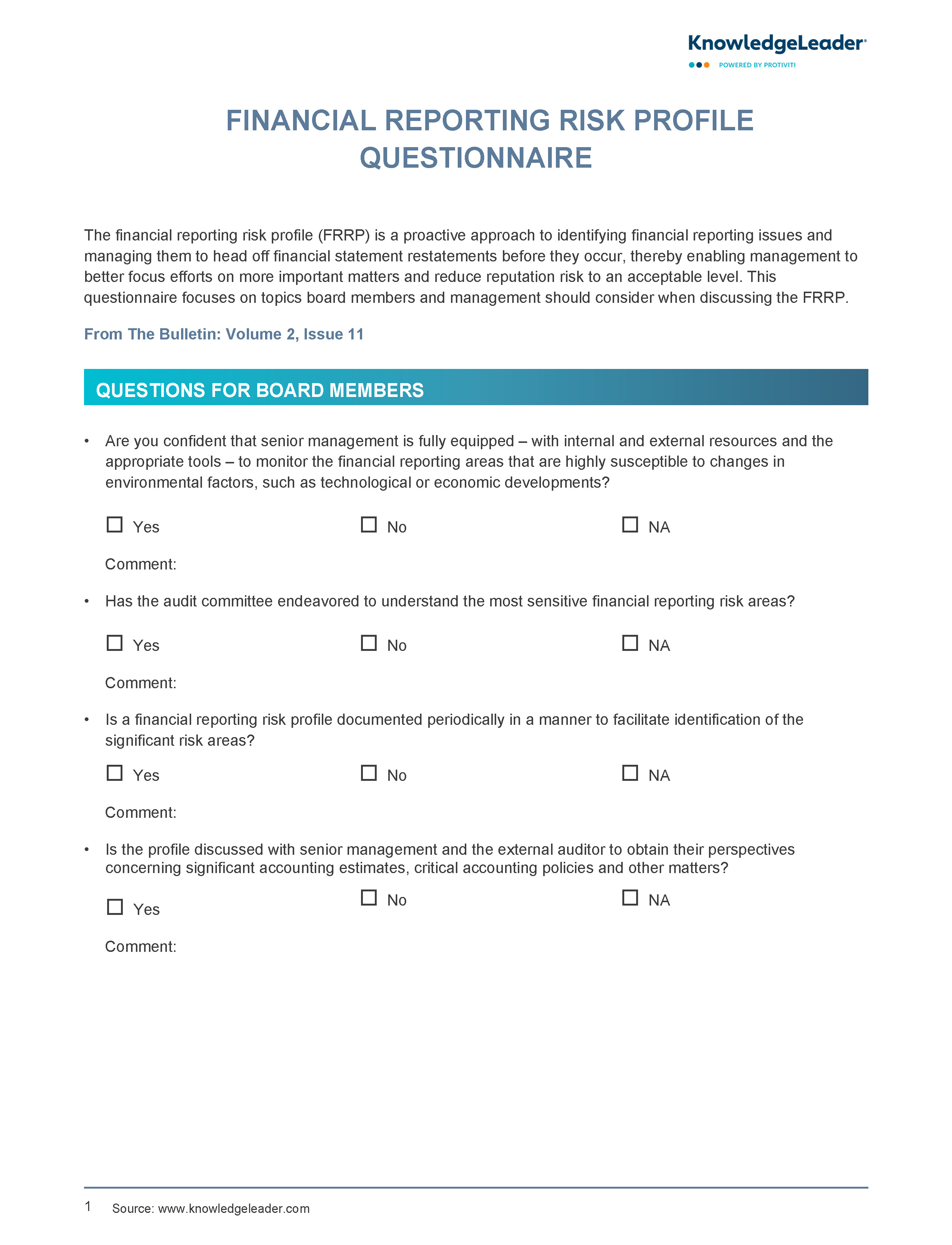 Screenshot of the first page of Financial Reporting Risk Profile Questionnaire