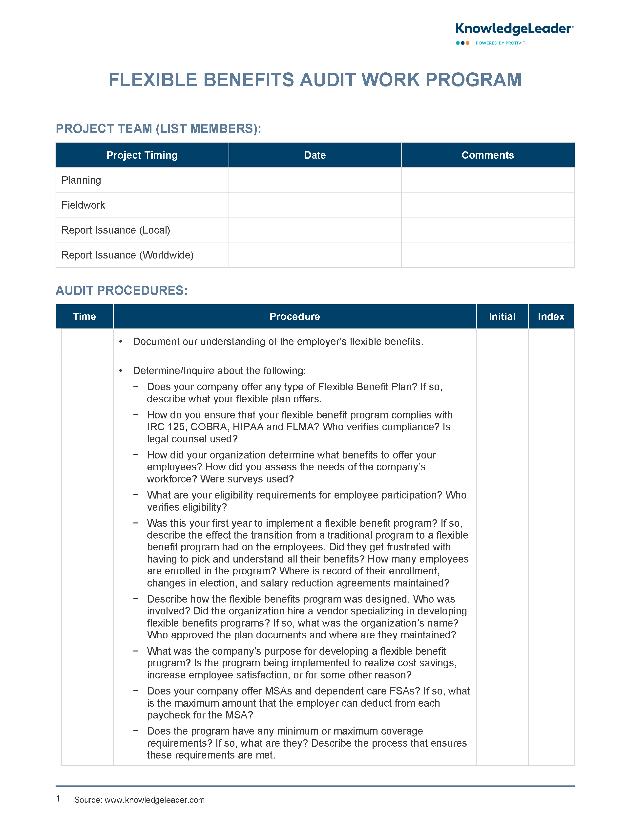 Screenshot of the first page of Flexible Benefits Audit Work Program