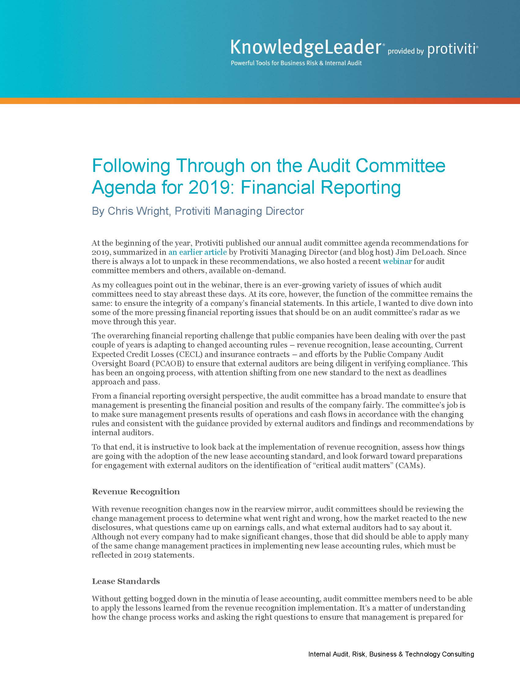 Screenshot of the first page of Following Through on the Audit Committee Agenda for 2019 Financial Reporting