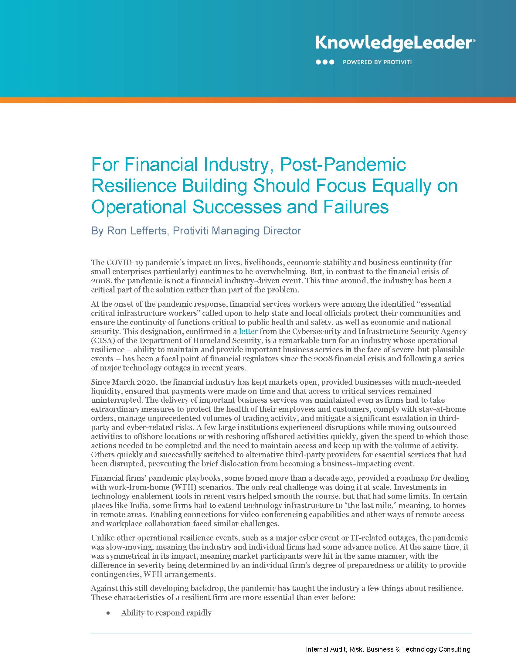 Screenshot of the first page of For Financial Industry, Post-Pandemic Resilience Building Should Focus Equally on Operational Successes and Failures