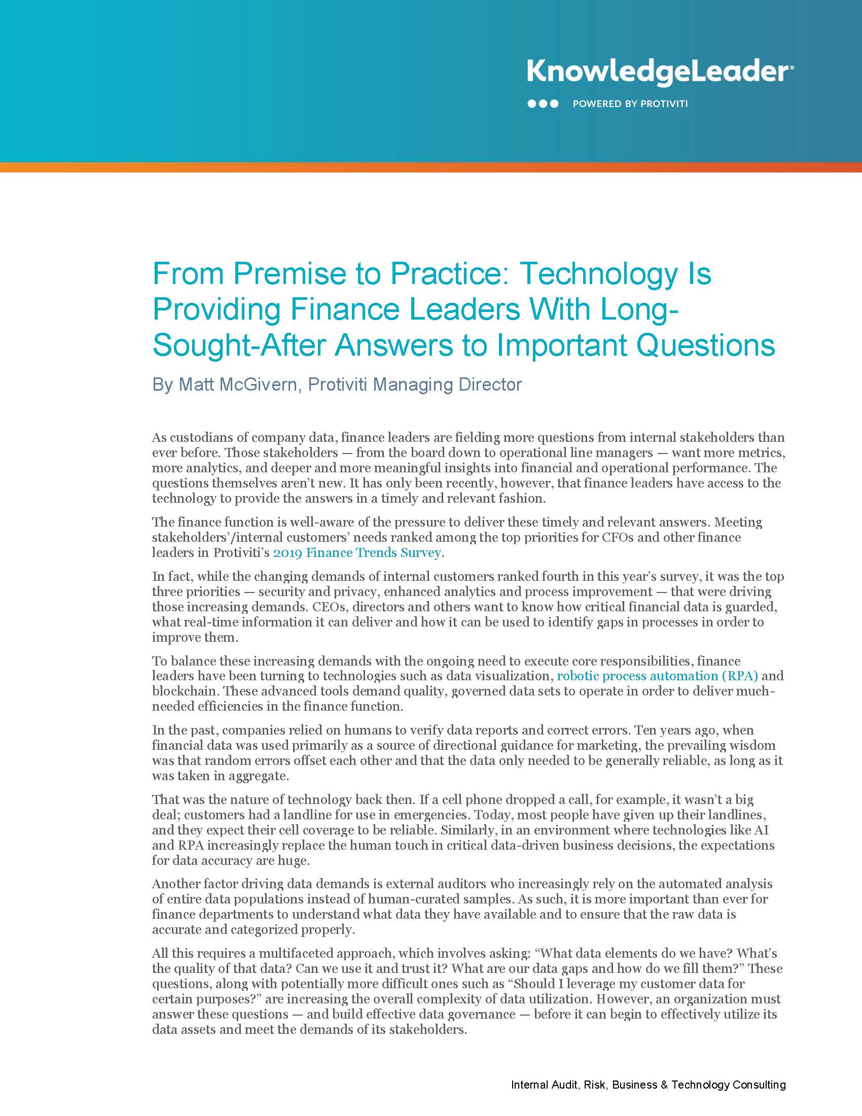 Screenshot of the first page of From Premise to Practice Technology Is Providing Finance Leaders With Long-Sought-After Answers to Important Questions
