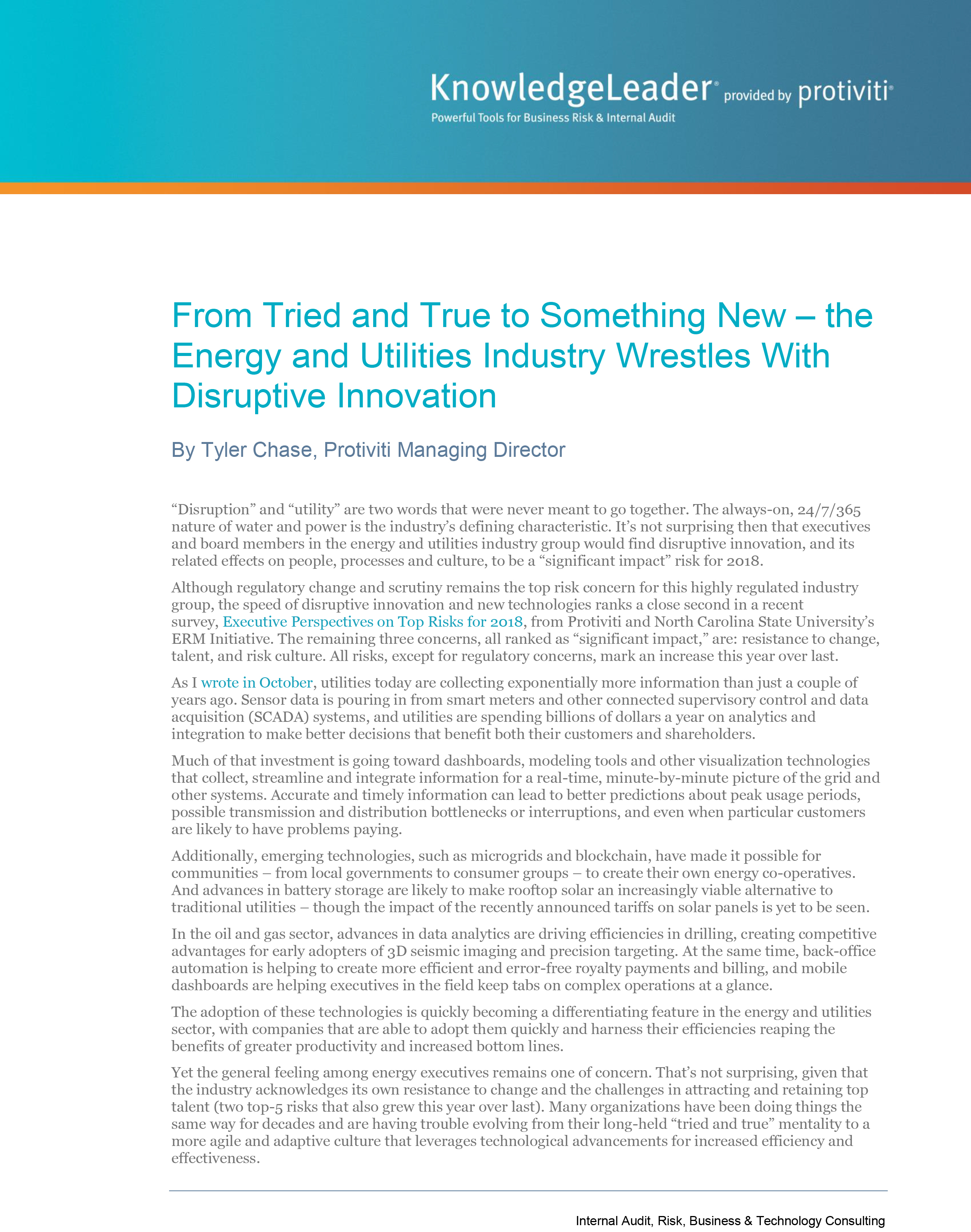 Screenshot of the first page of From Tried and True to Something New – The Energy and Utilities Industry Wrestles With Disruptive Innovation