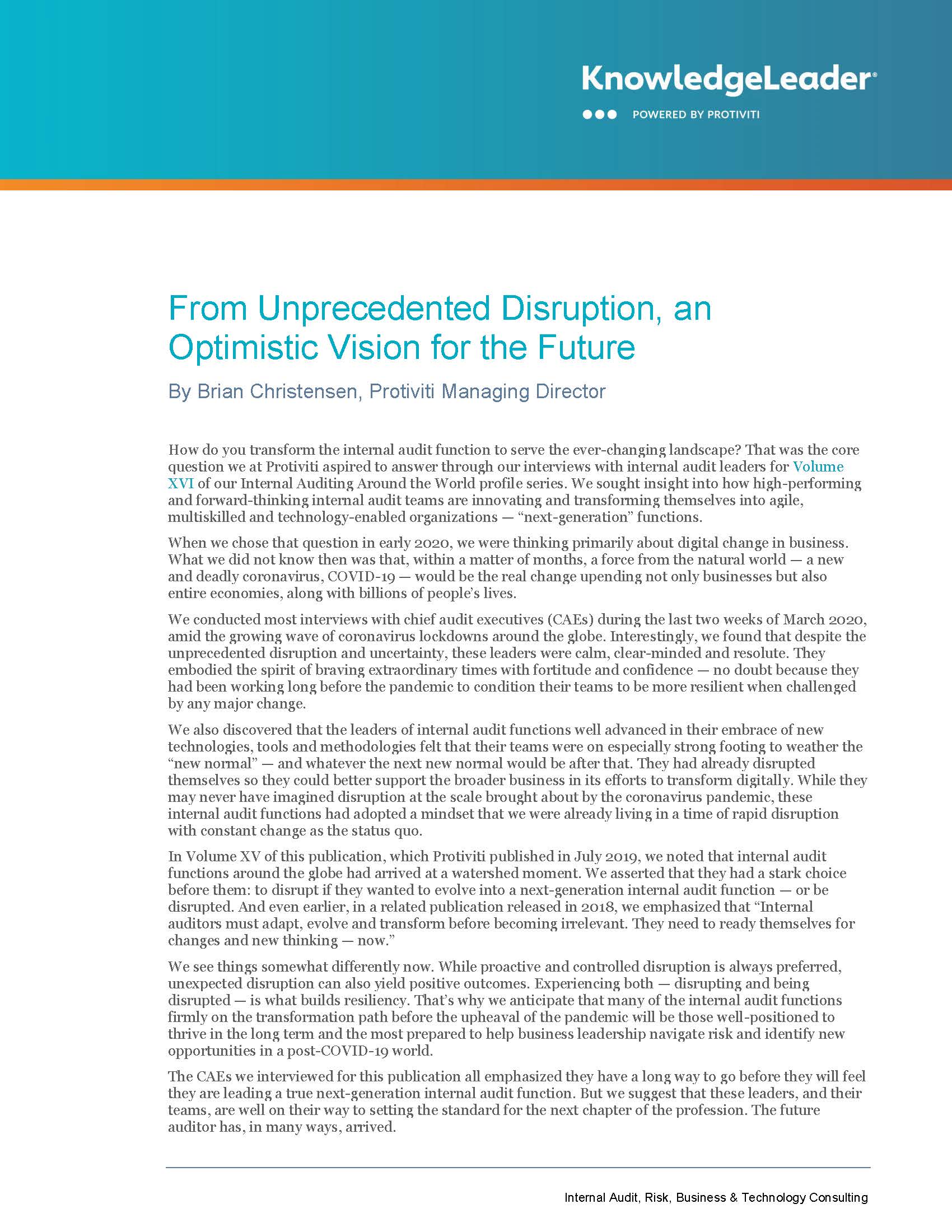 Screenshot of the first page of From Unprecedented Disruption, an Optimistic Vision for the Future